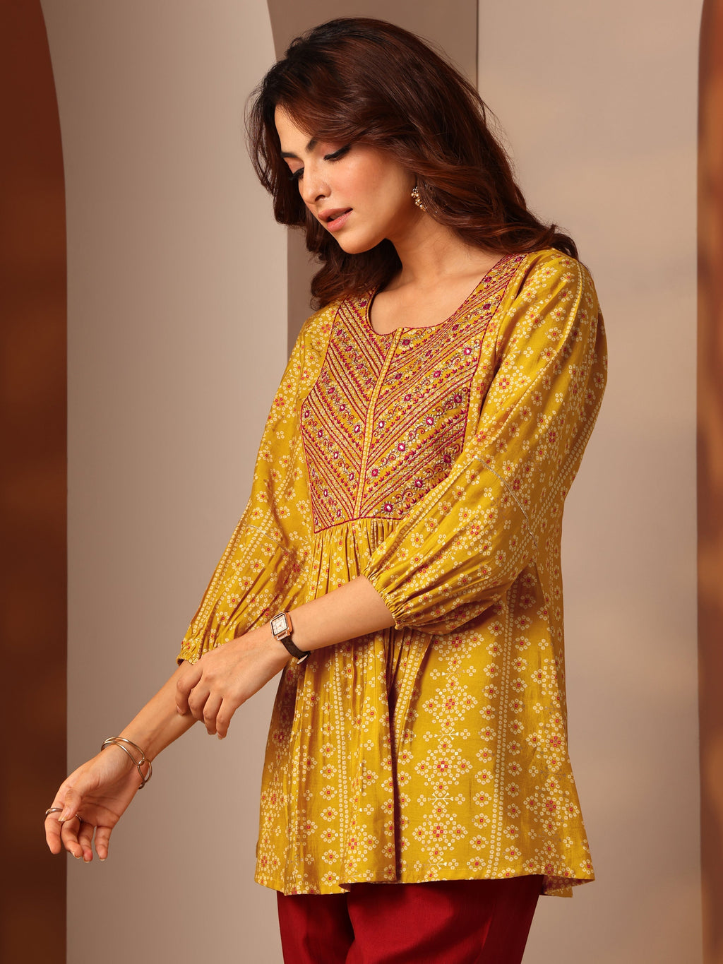Mustard Printed Silk Blend Anarkali Short Kurti
