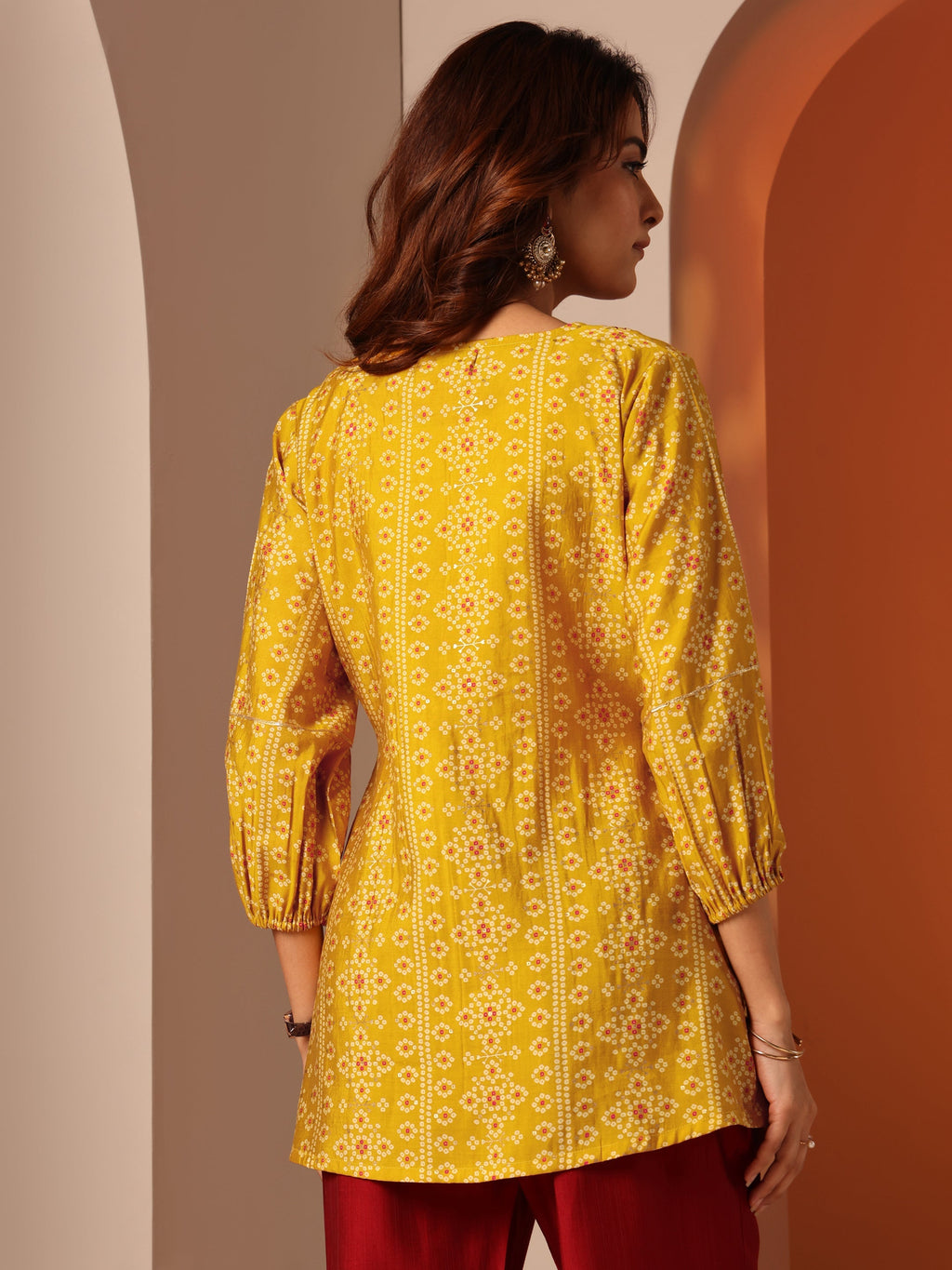 Mustard Printed Silk Blend Anarkali Short Kurti