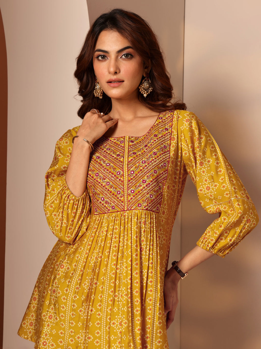 Mustard Printed Silk Blend Anarkali Short Kurti