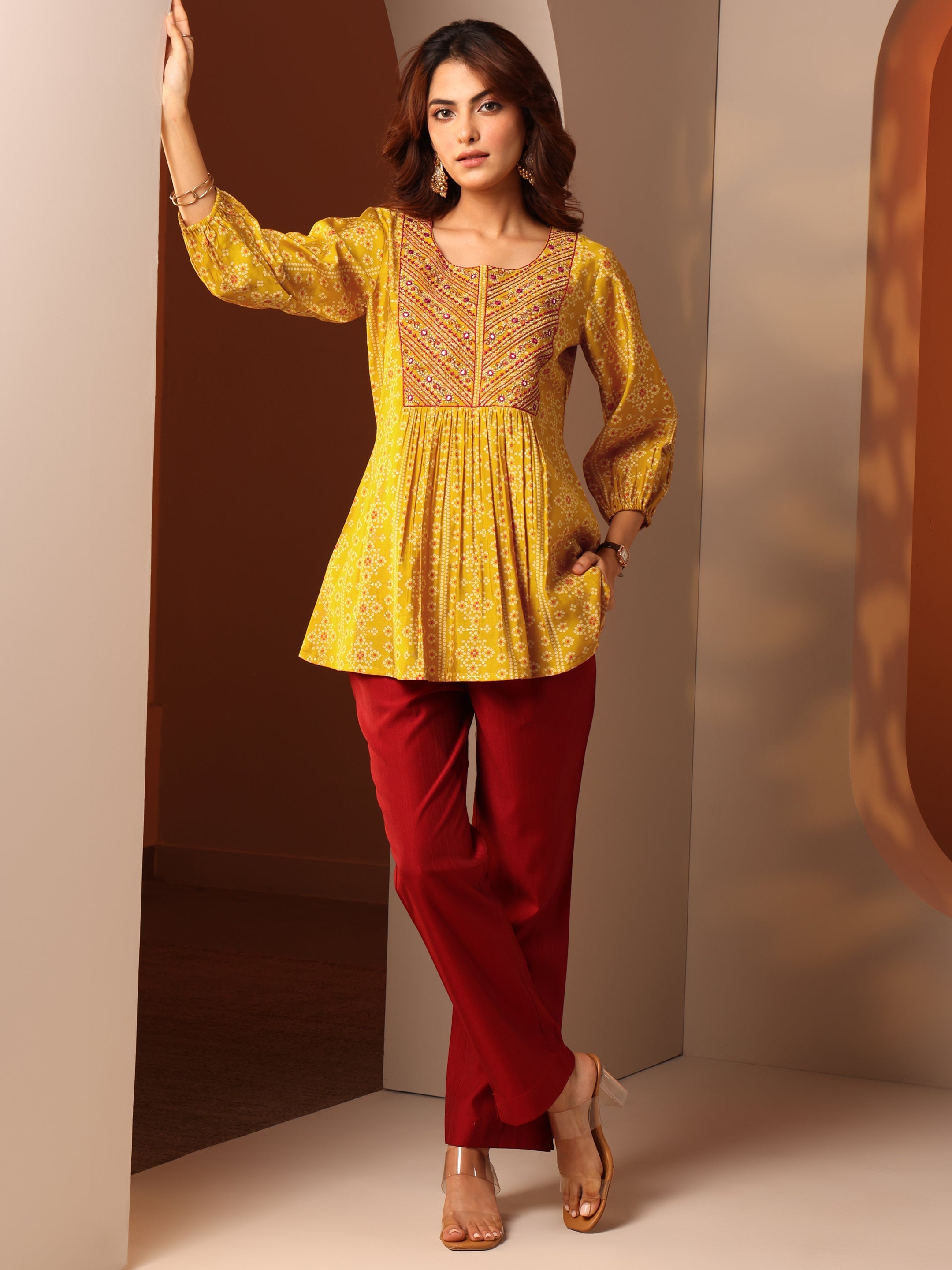 Mustard Printed Silk Blend Anarkali Short Kurti