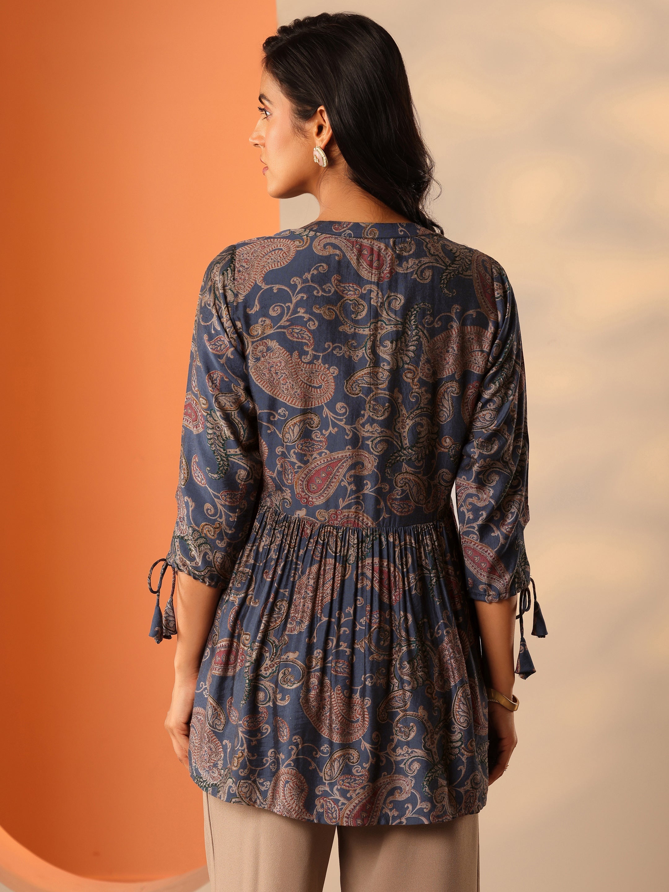 Blue Printed Rayon Straight Short Kurti