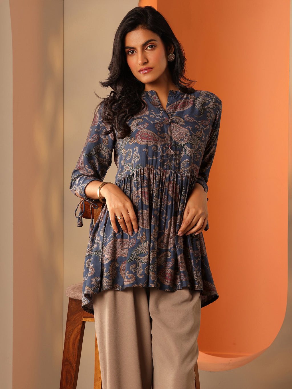 Blue Printed Rayon Straight Short Kurti