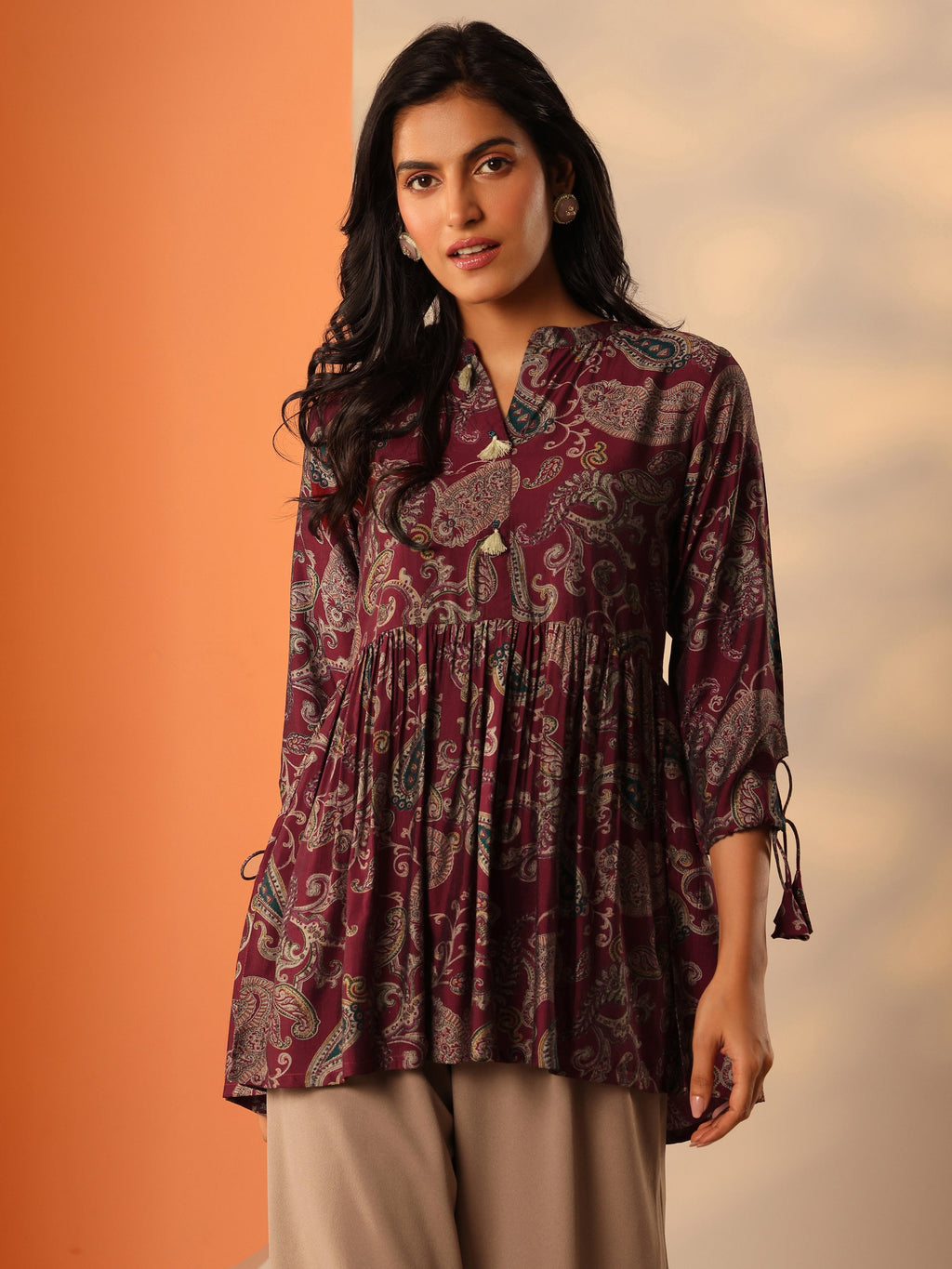 Maroon Printed Rayon Straight Short Kurti