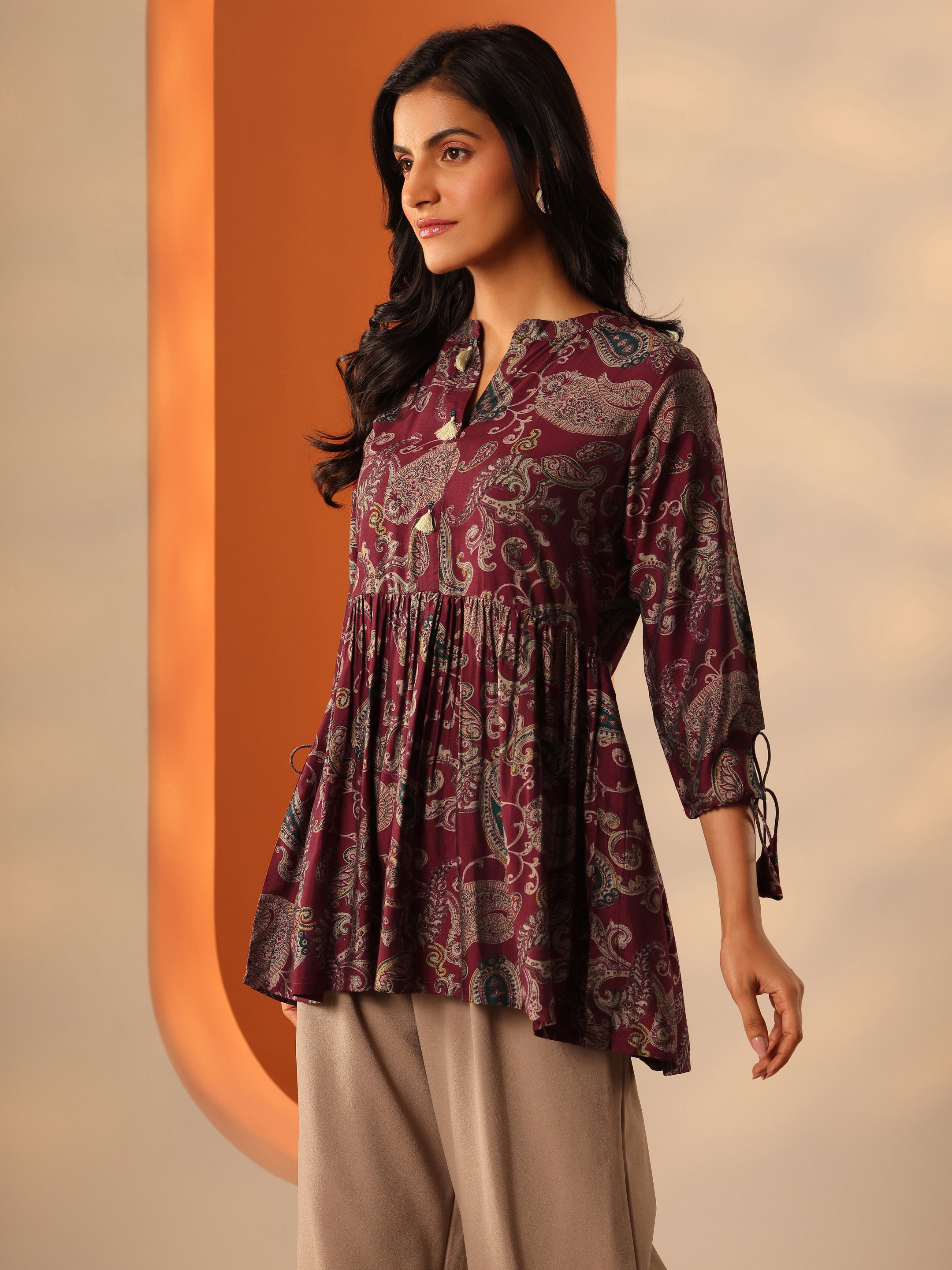 Maroon Printed Rayon Straight Short Kurti