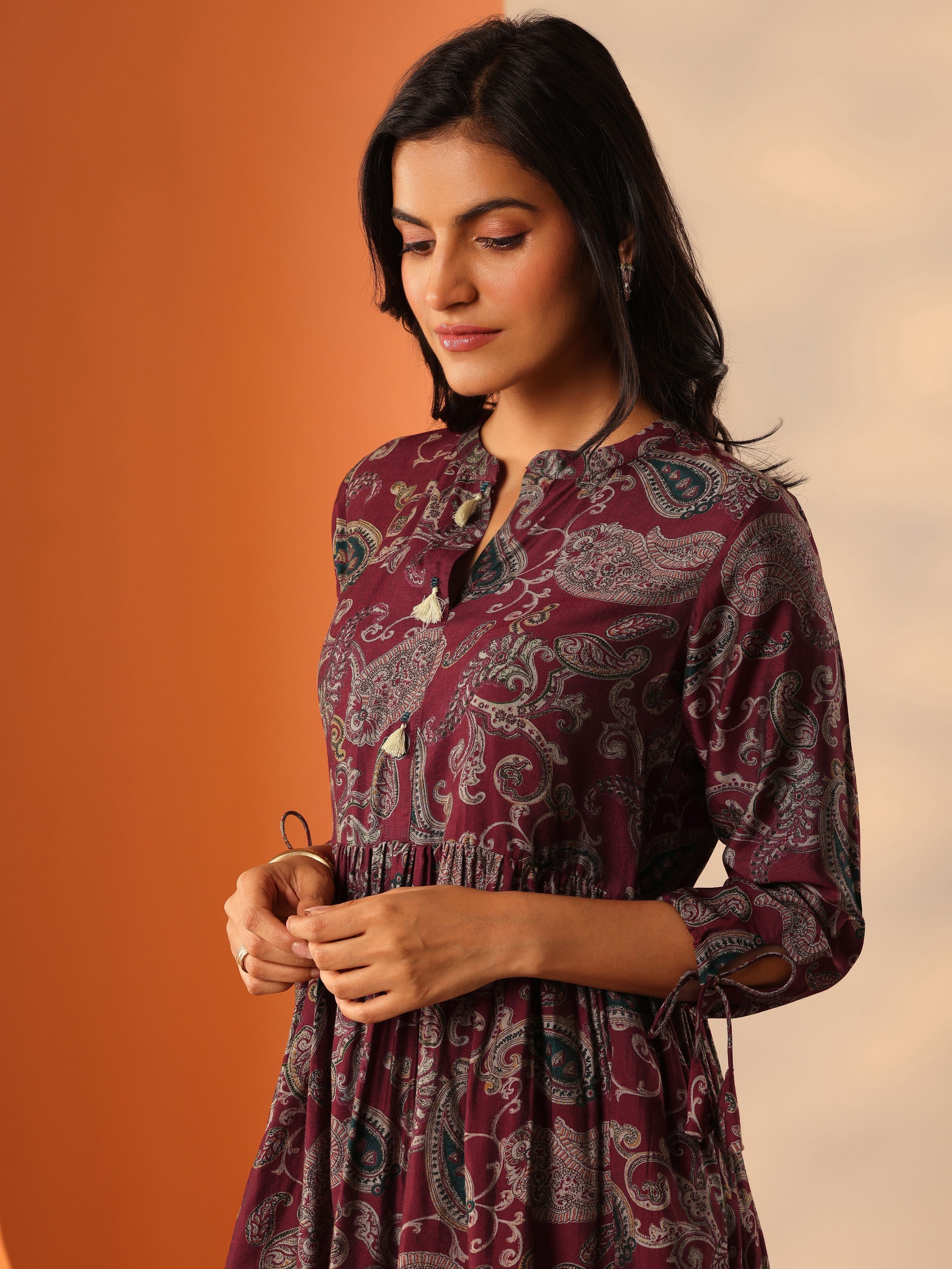 Maroon Printed Rayon Straight Short Kurti