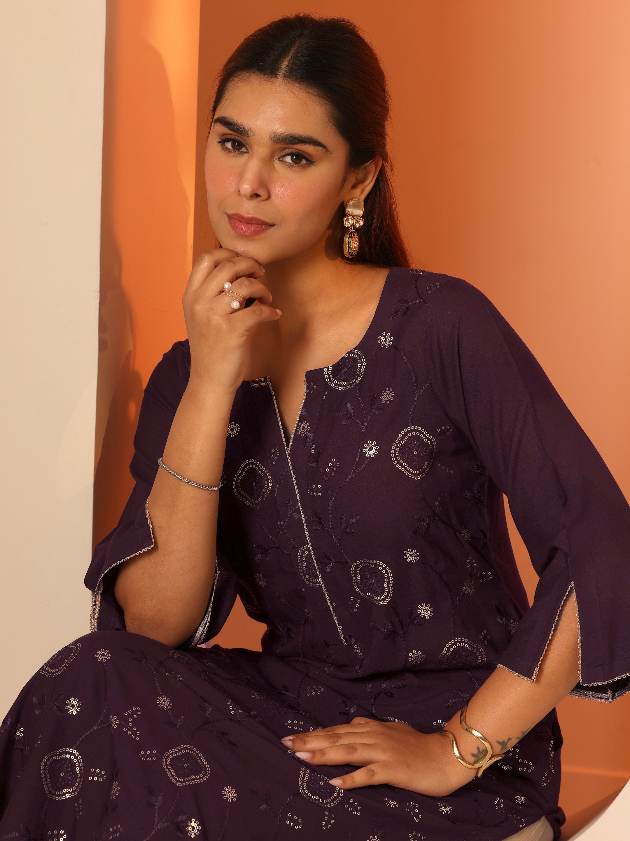 Burgundy Embellished Rayon Straight Kurta