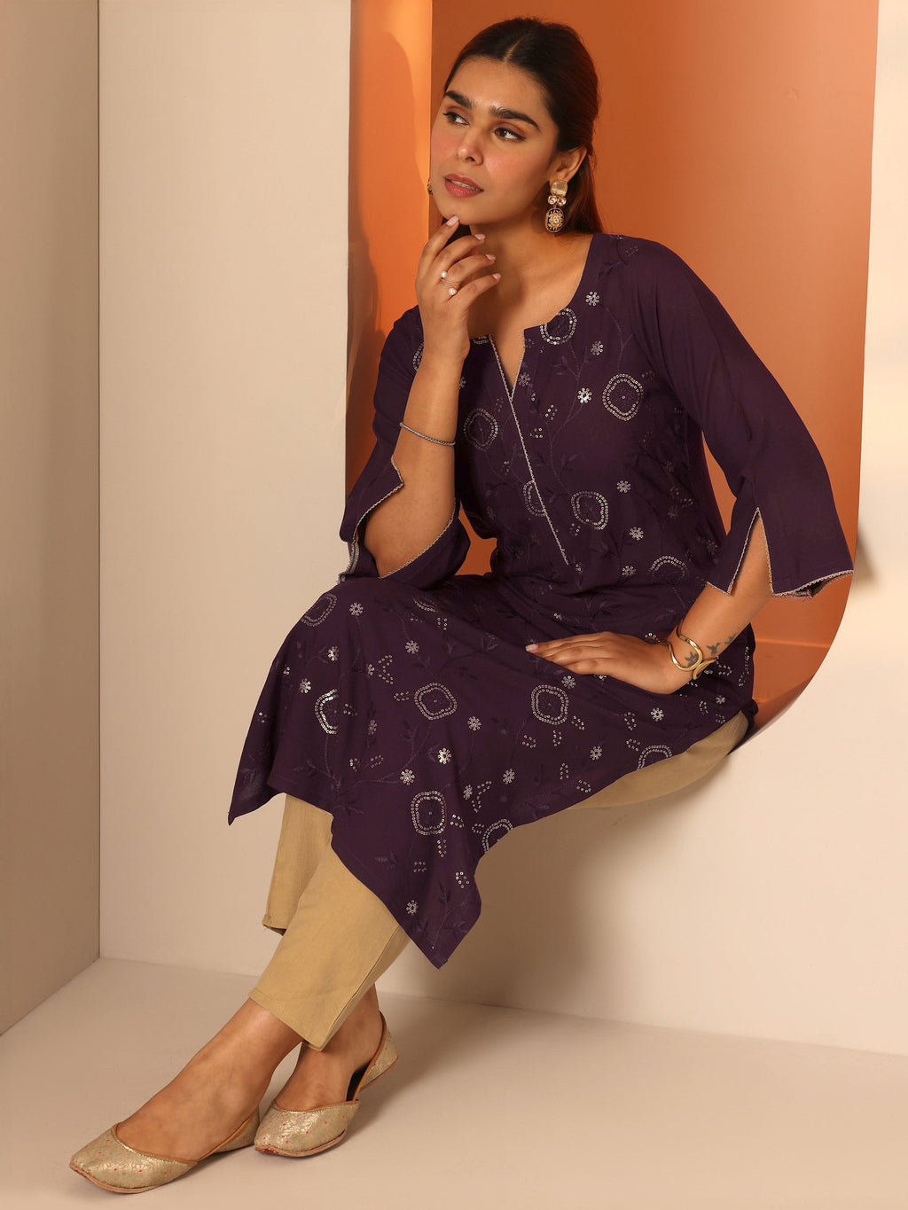 Burgundy Embellished Rayon Straight Kurta