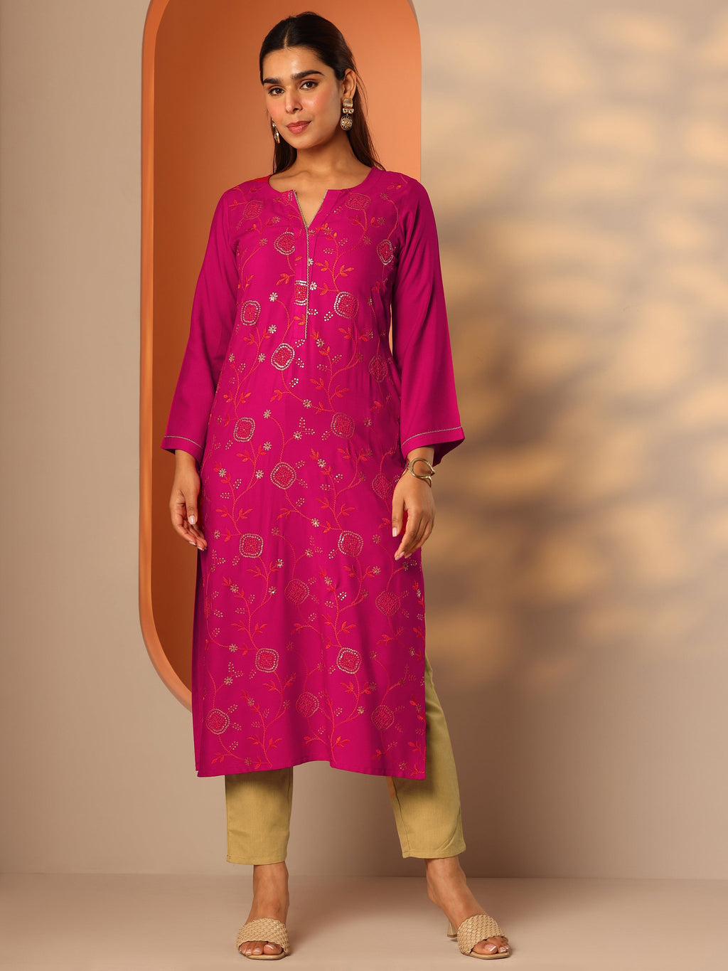 Pink Embroidered Rayon Straight Kurta