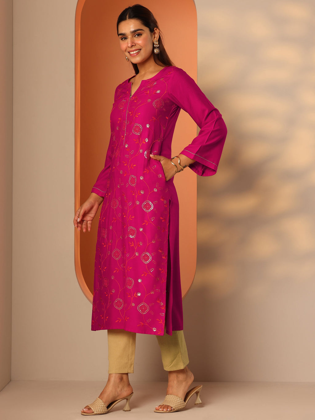 Pink Embroidered Rayon Straight Kurta