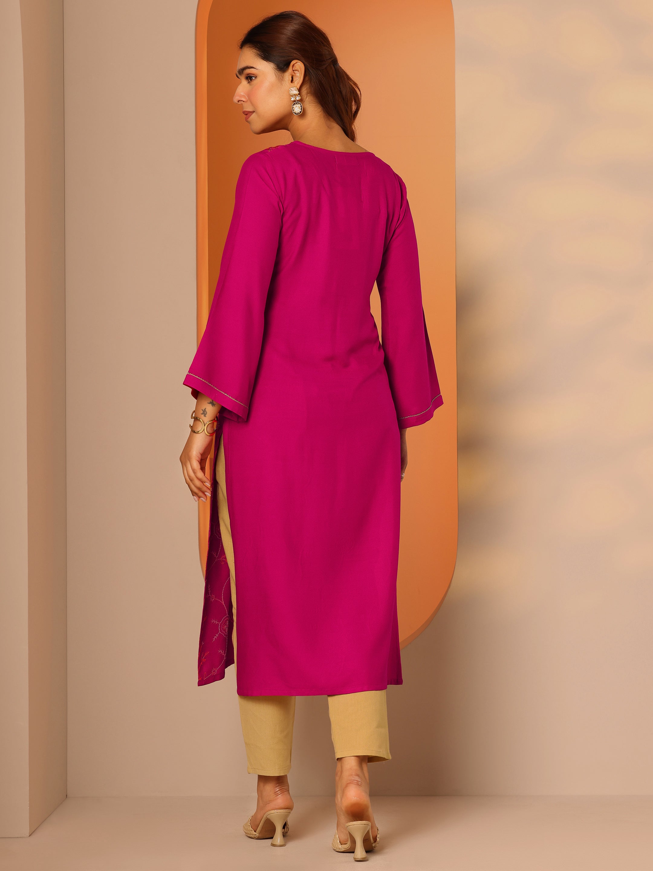 Pink Embroidered Rayon Straight Kurta