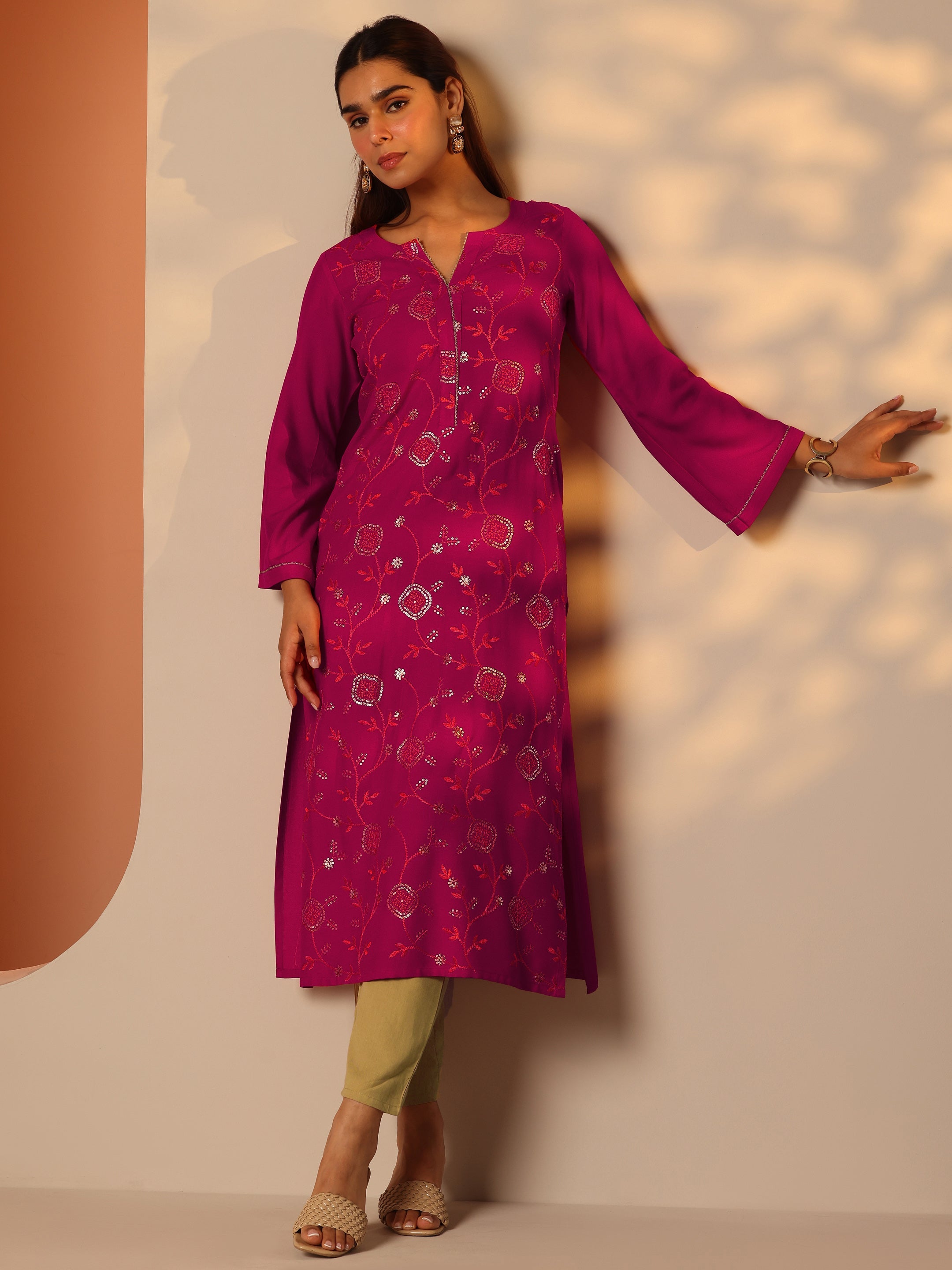 Pink Embroidered Rayon Straight Kurta