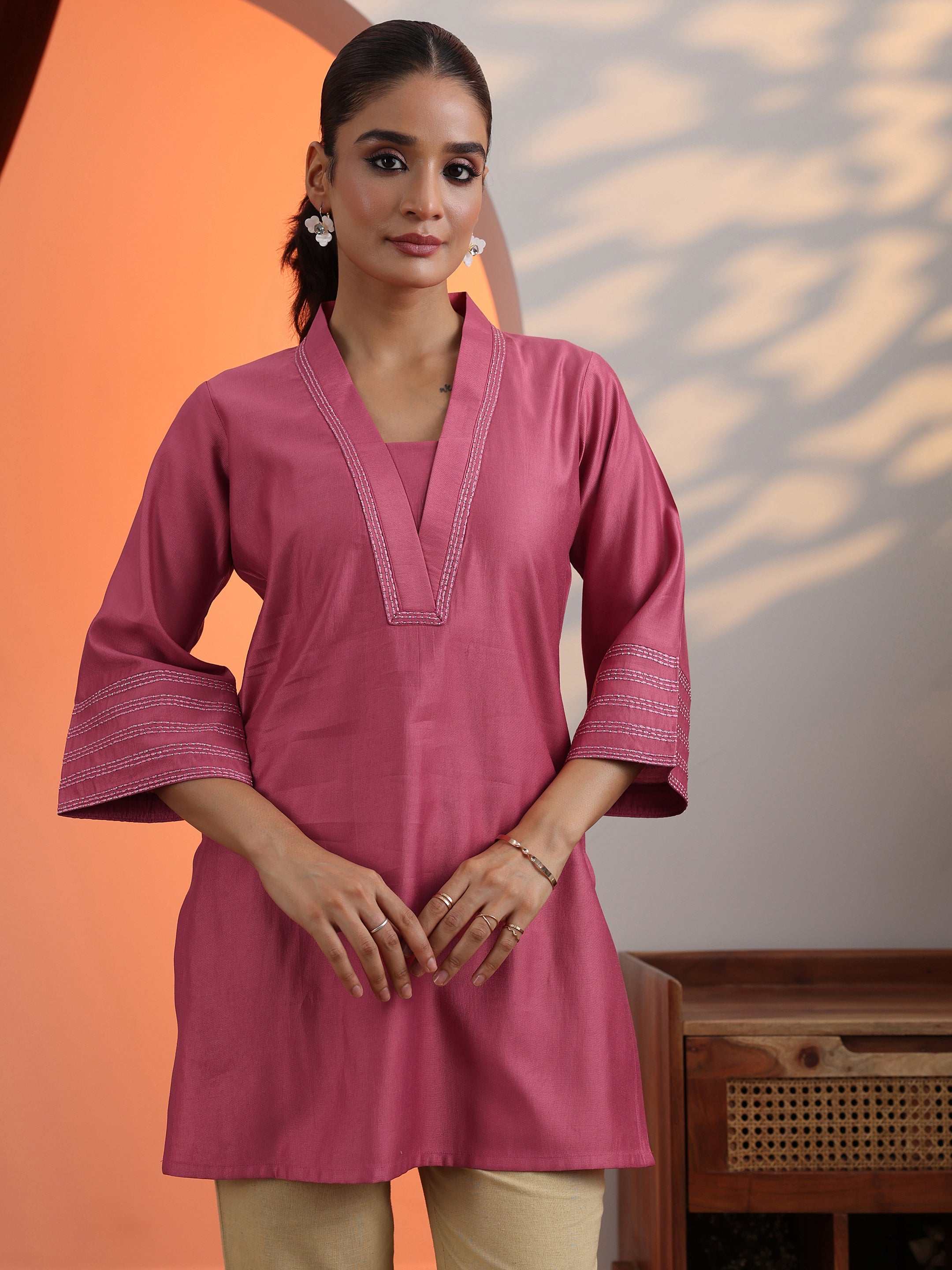 Peach Solid Silk Blend Straight Short Kurti