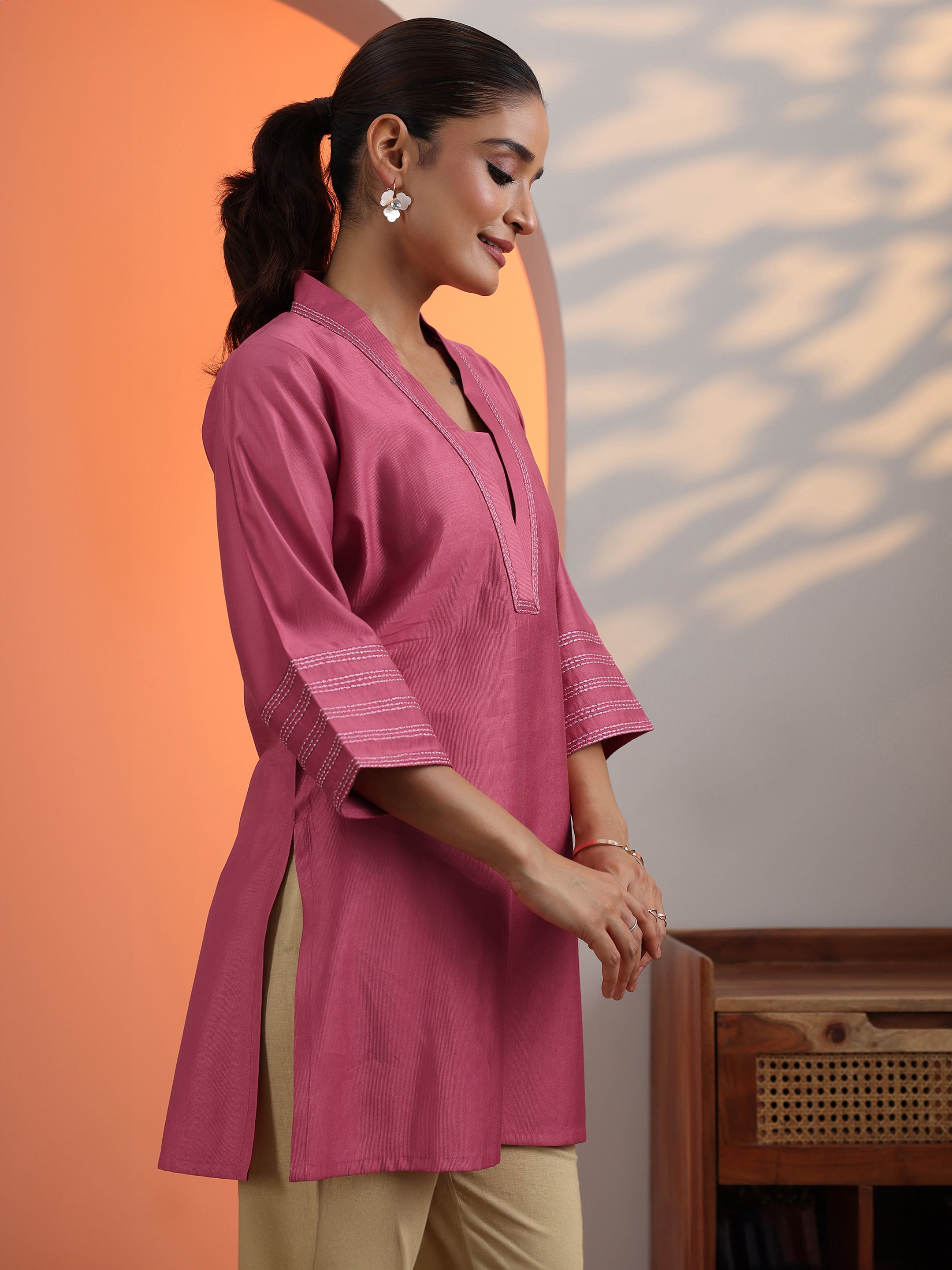 Peach Solid Silk Blend Straight Short Kurti