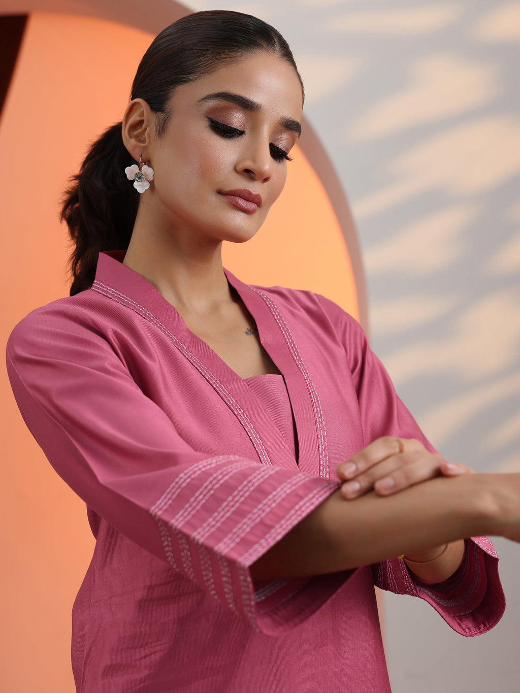 Peach Solid Silk Blend Straight Short Kurti