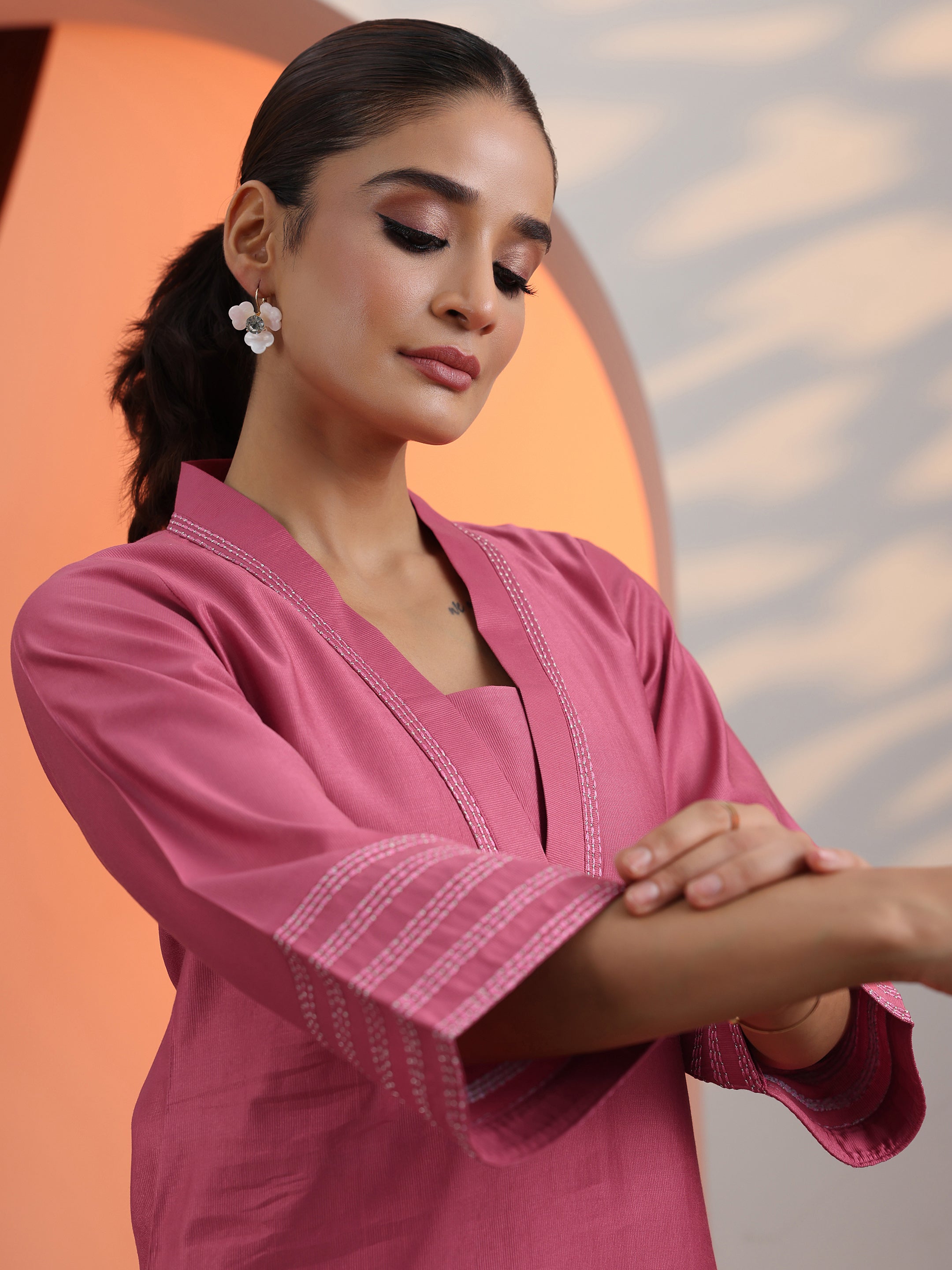 Peach Solid Silk Blend Straight Short Kurti