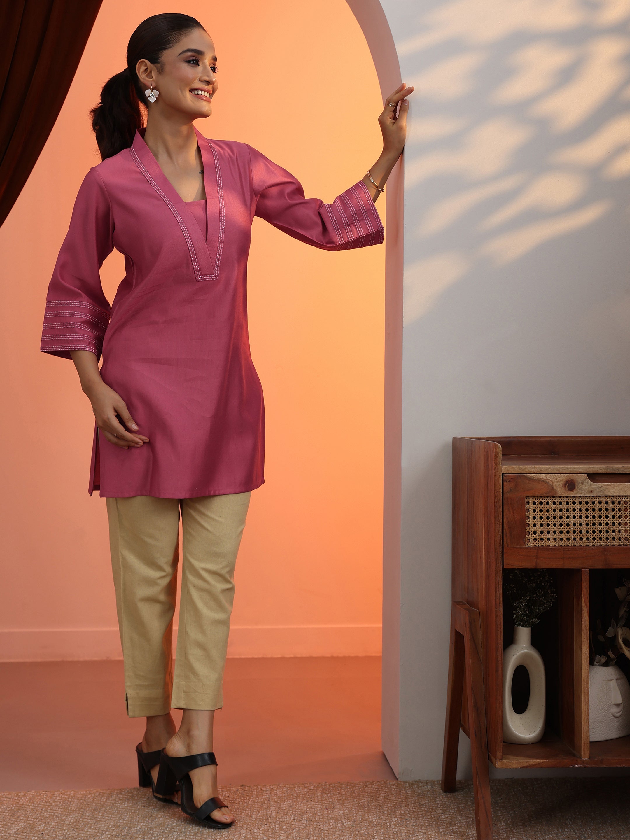 Peach Solid Silk Blend Straight Short Kurti