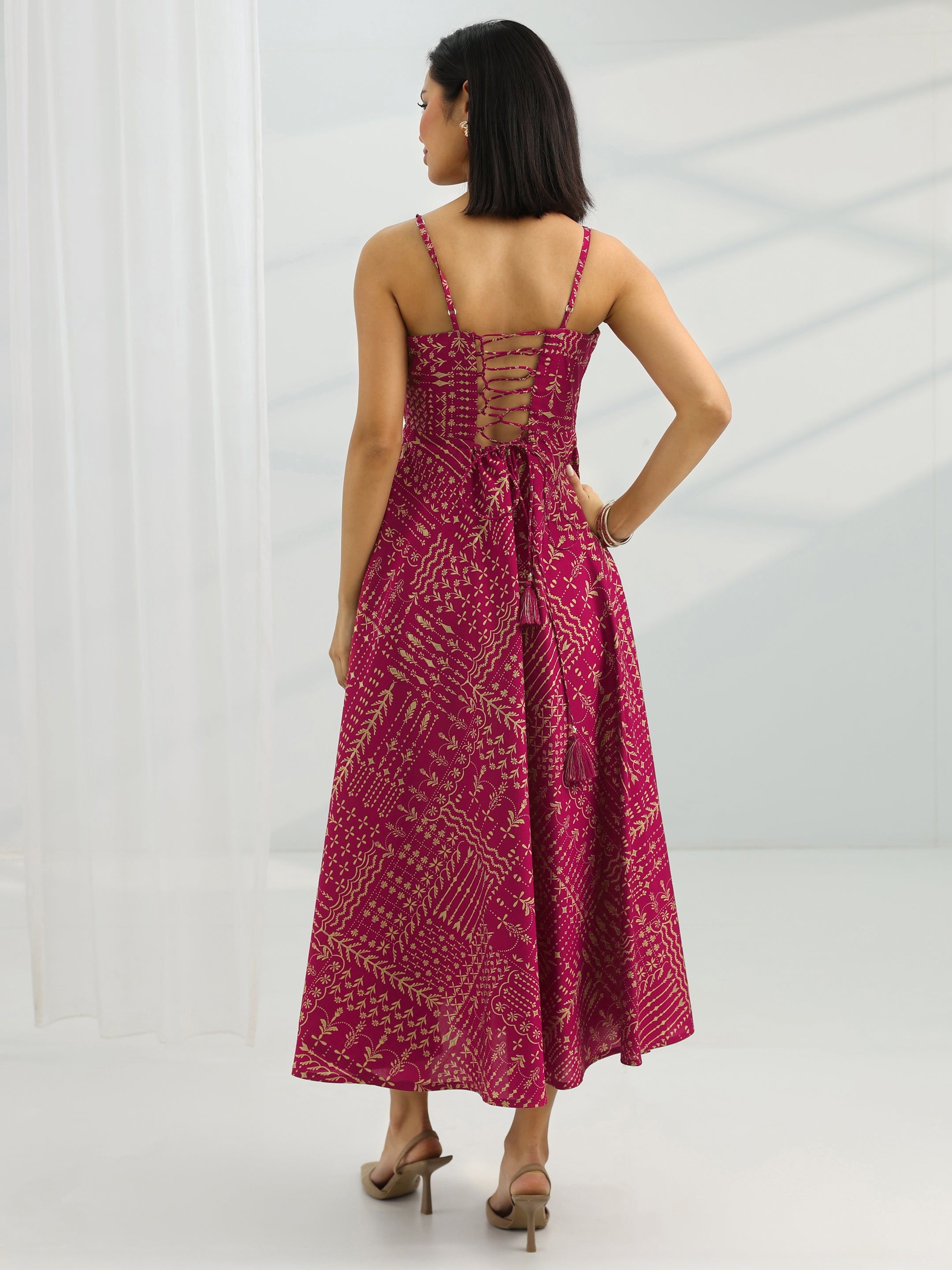 Maroon Printed Silk Blend Fit And Flare One Piece Dress