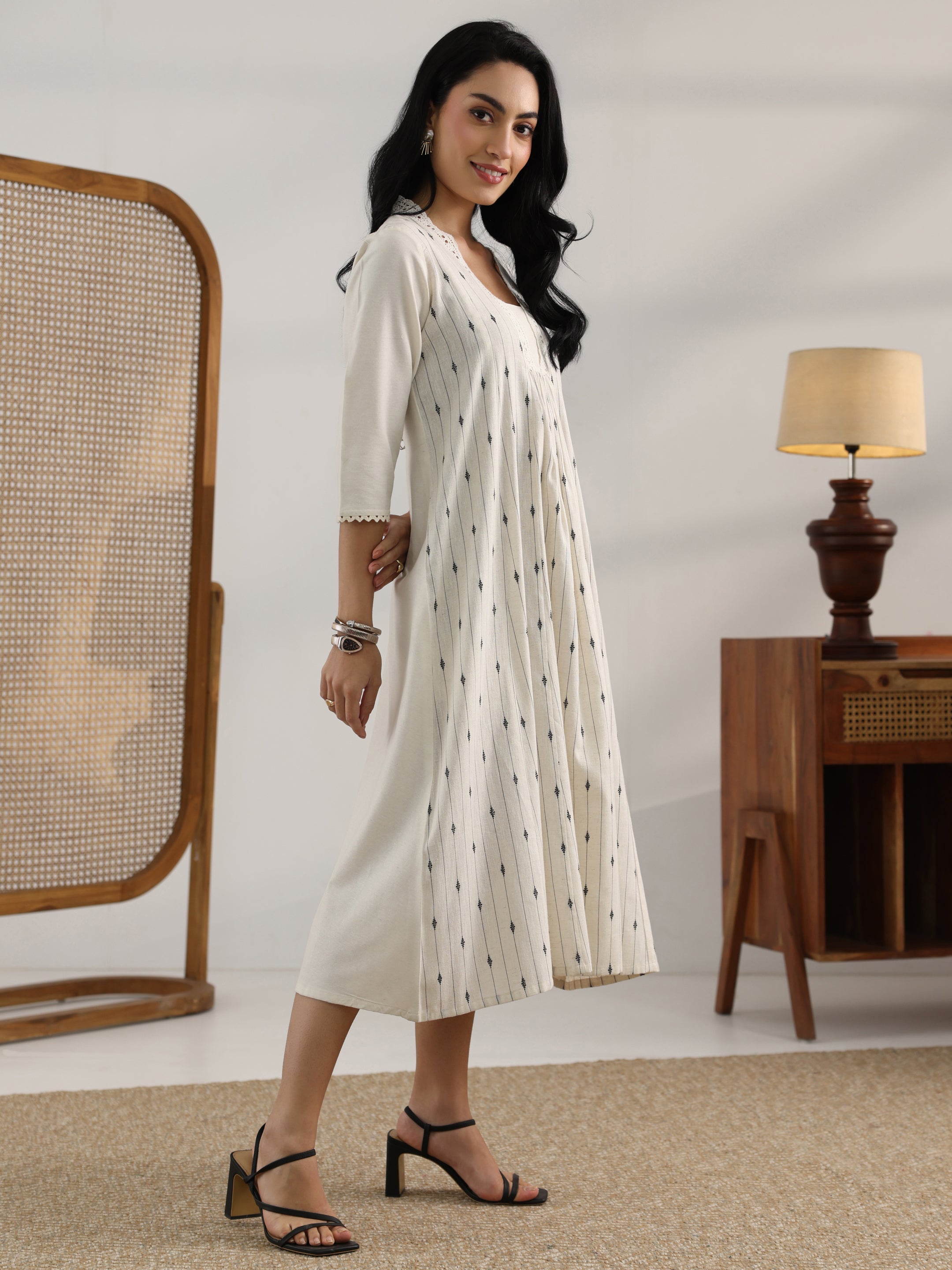 Off White Woven Design Cotton Blend Panelled A-Line One Piece Dress