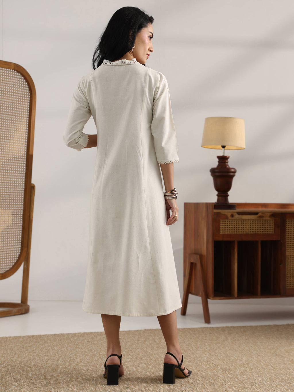 Off White Woven Design Cotton Blend Panelled A-Line One Piece Dress