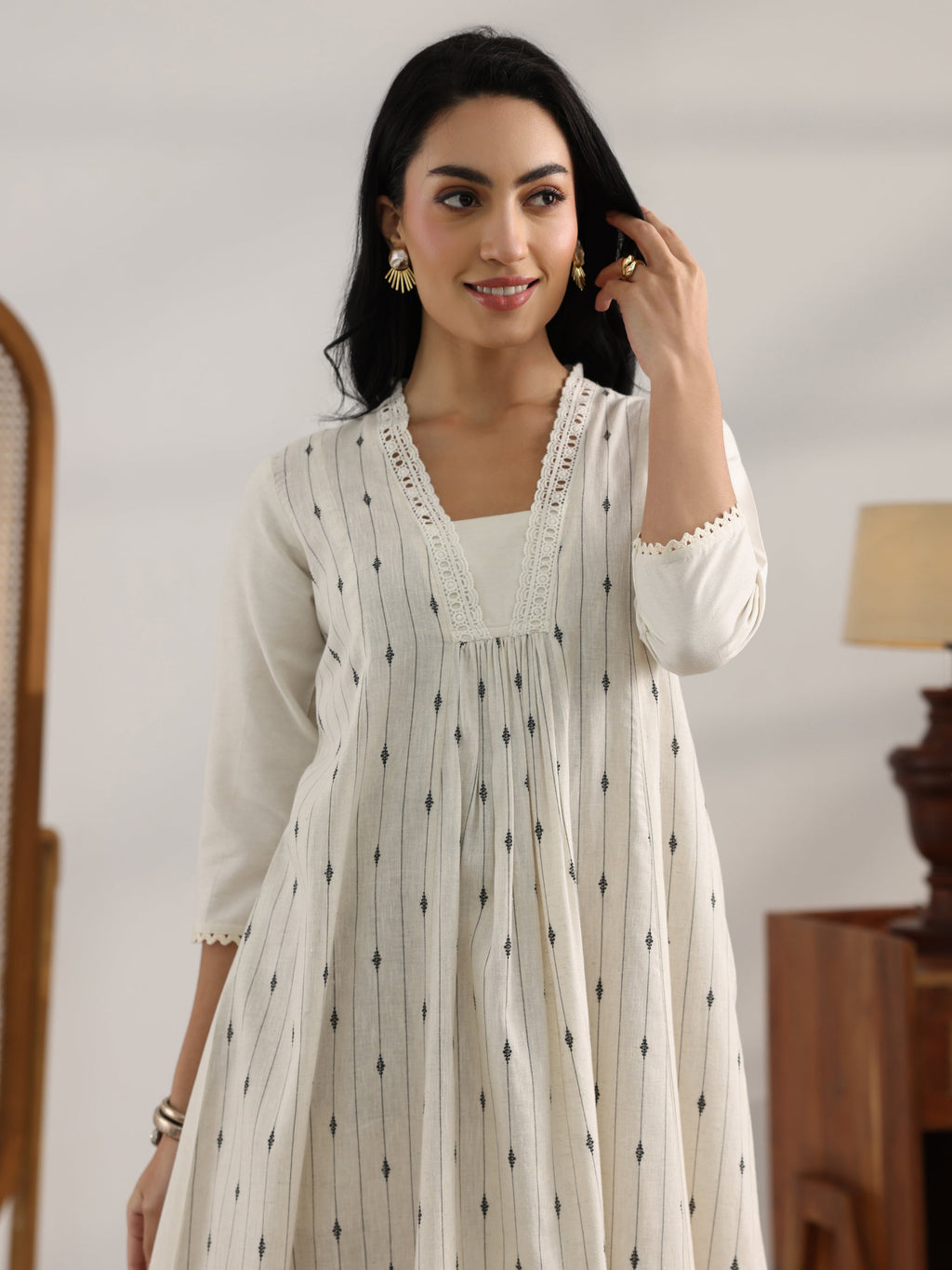 Off White Woven Design Cotton Blend Panelled A-Line One Piece Dress