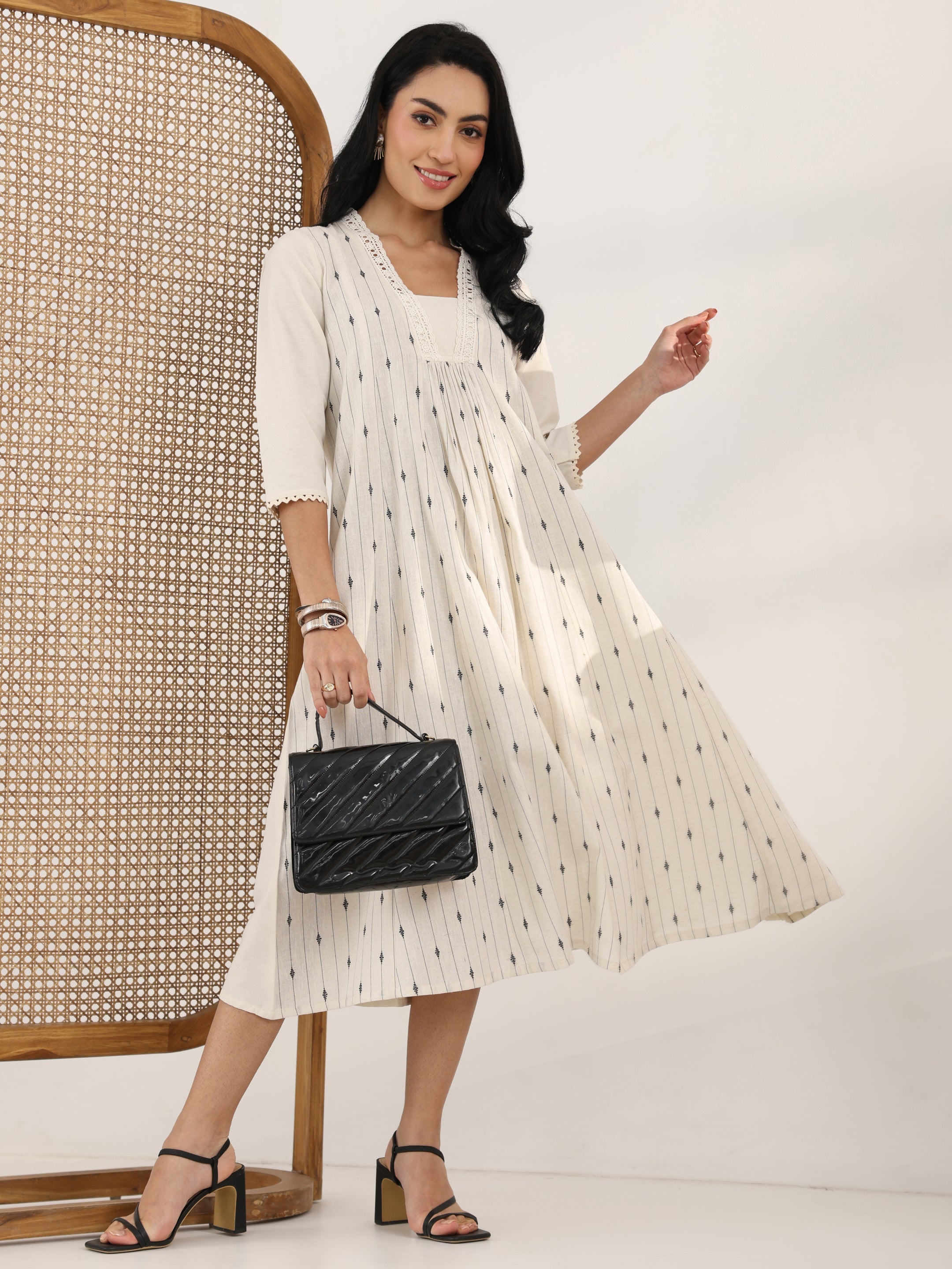 Off White Woven Design Cotton Blend Panelled A-Line One Piece Dress