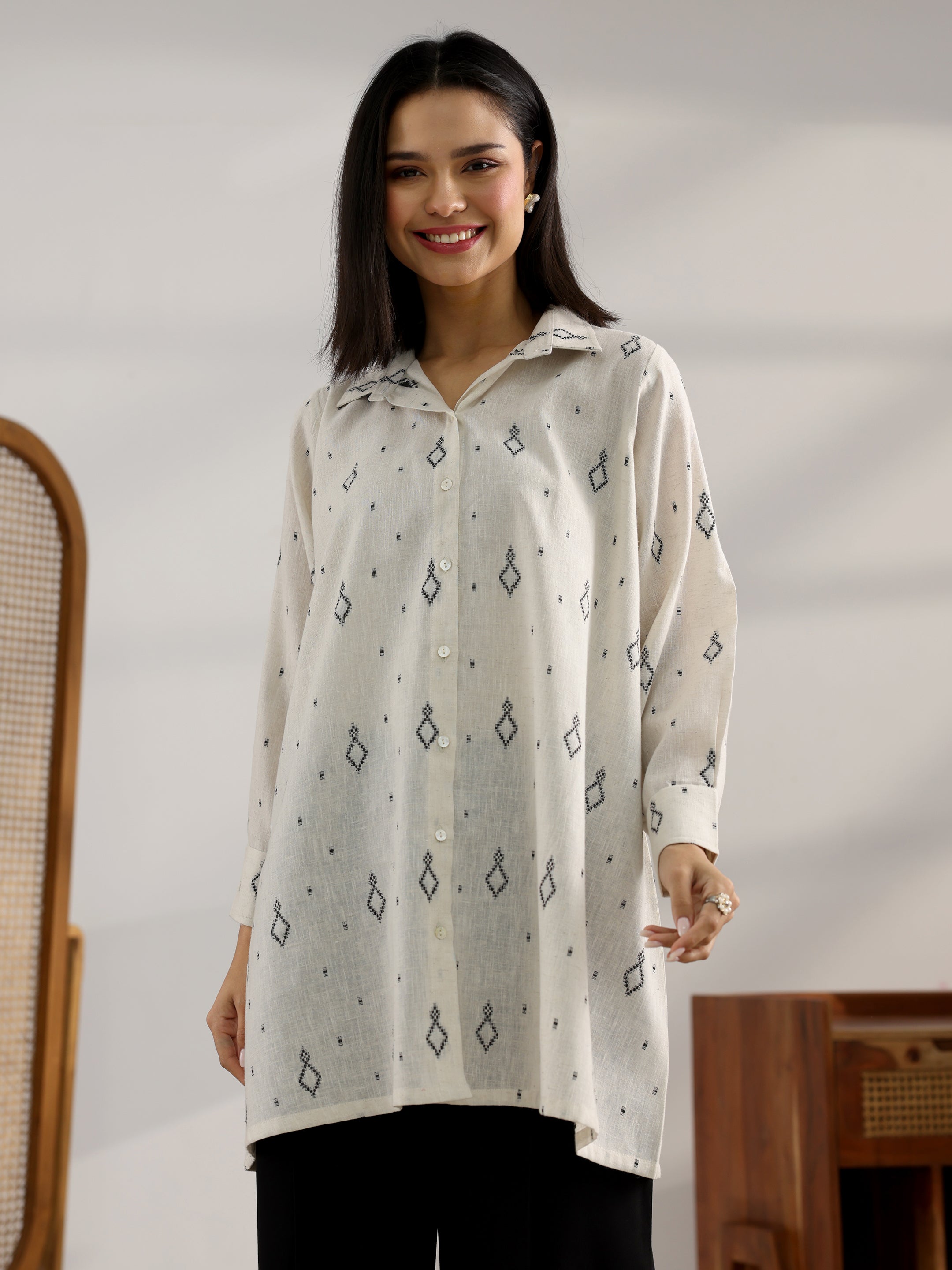 Off White Woven Design Cotton Blend Straight Short Kurti