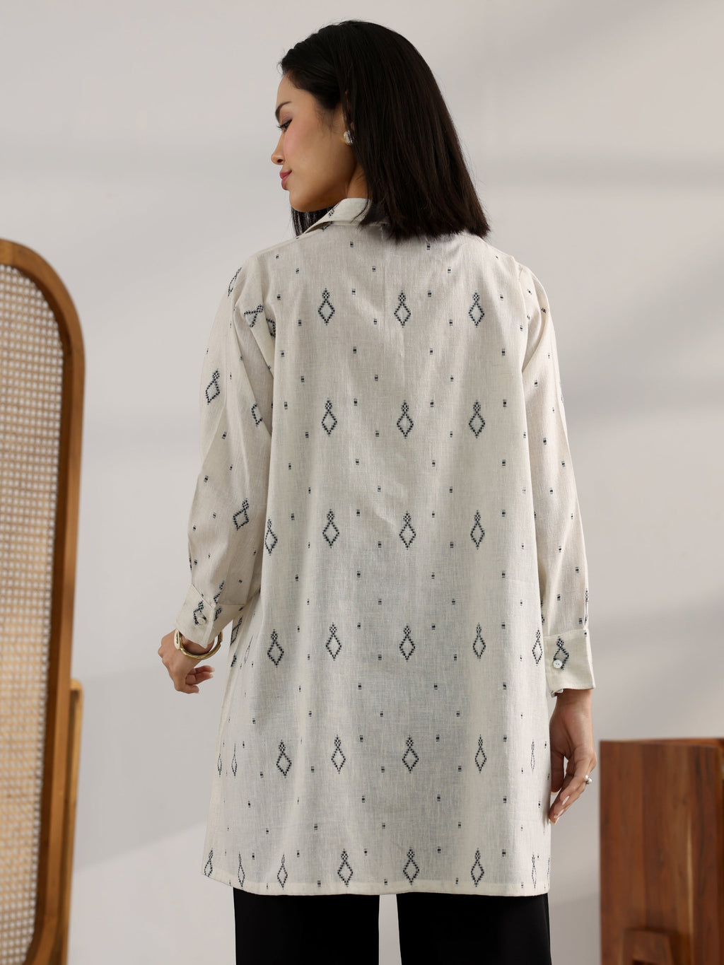 Off White Woven Design Cotton Blend Straight Short Kurti