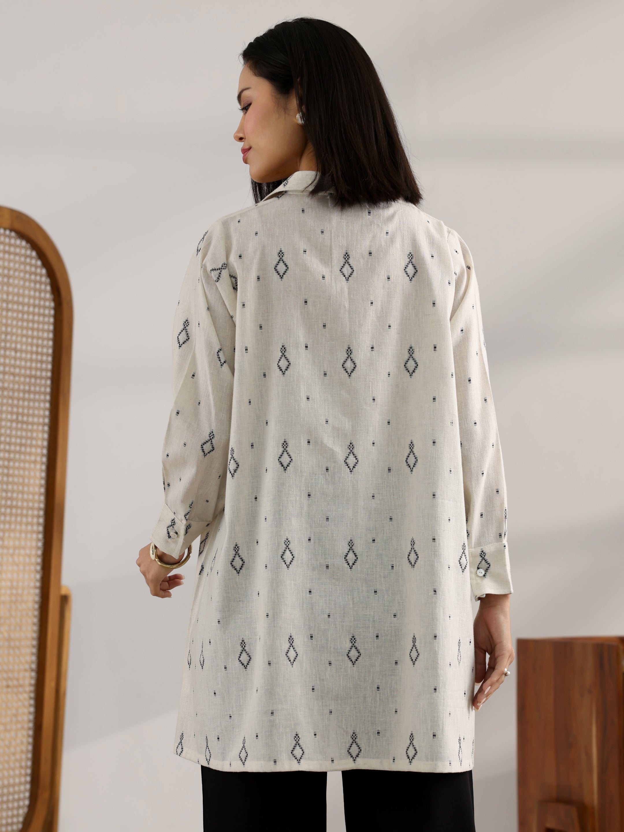 Off White Woven Design Cotton Blend Straight Short Kurti