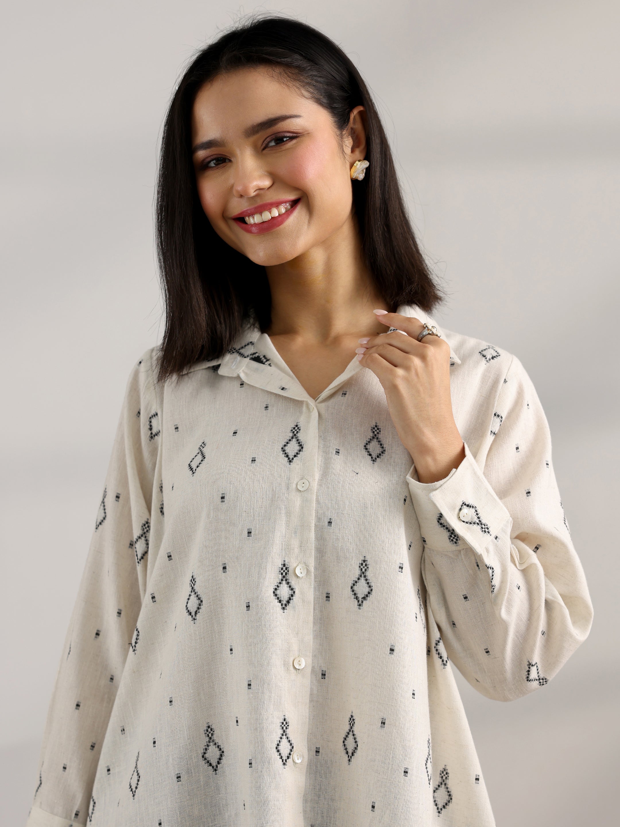 Off White Woven Design Cotton Blend Straight Short Kurti