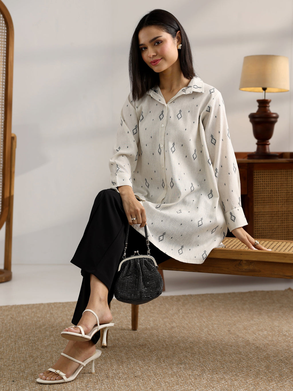 Off White Woven Design Cotton Blend Straight Short Kurti