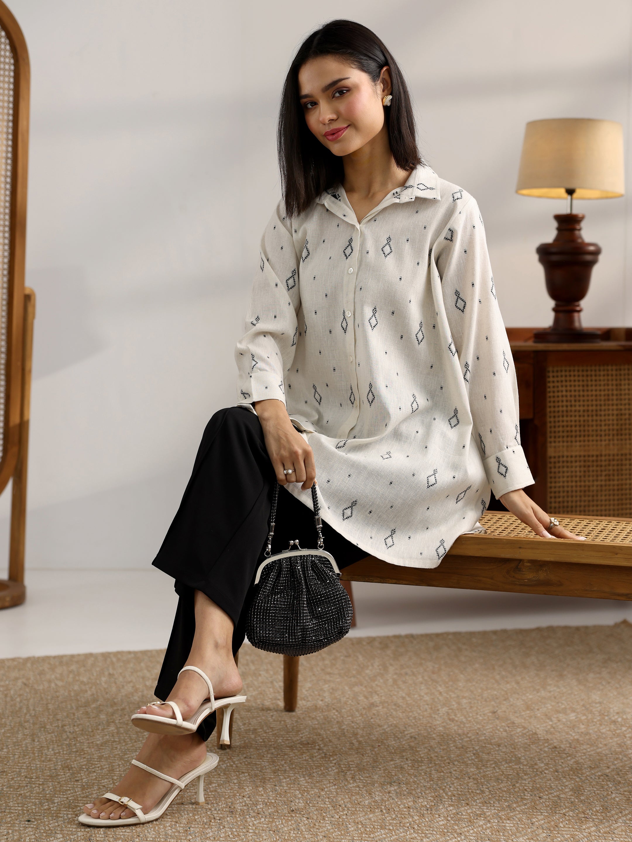 Off White Woven Design Cotton Blend Straight Short Kurti