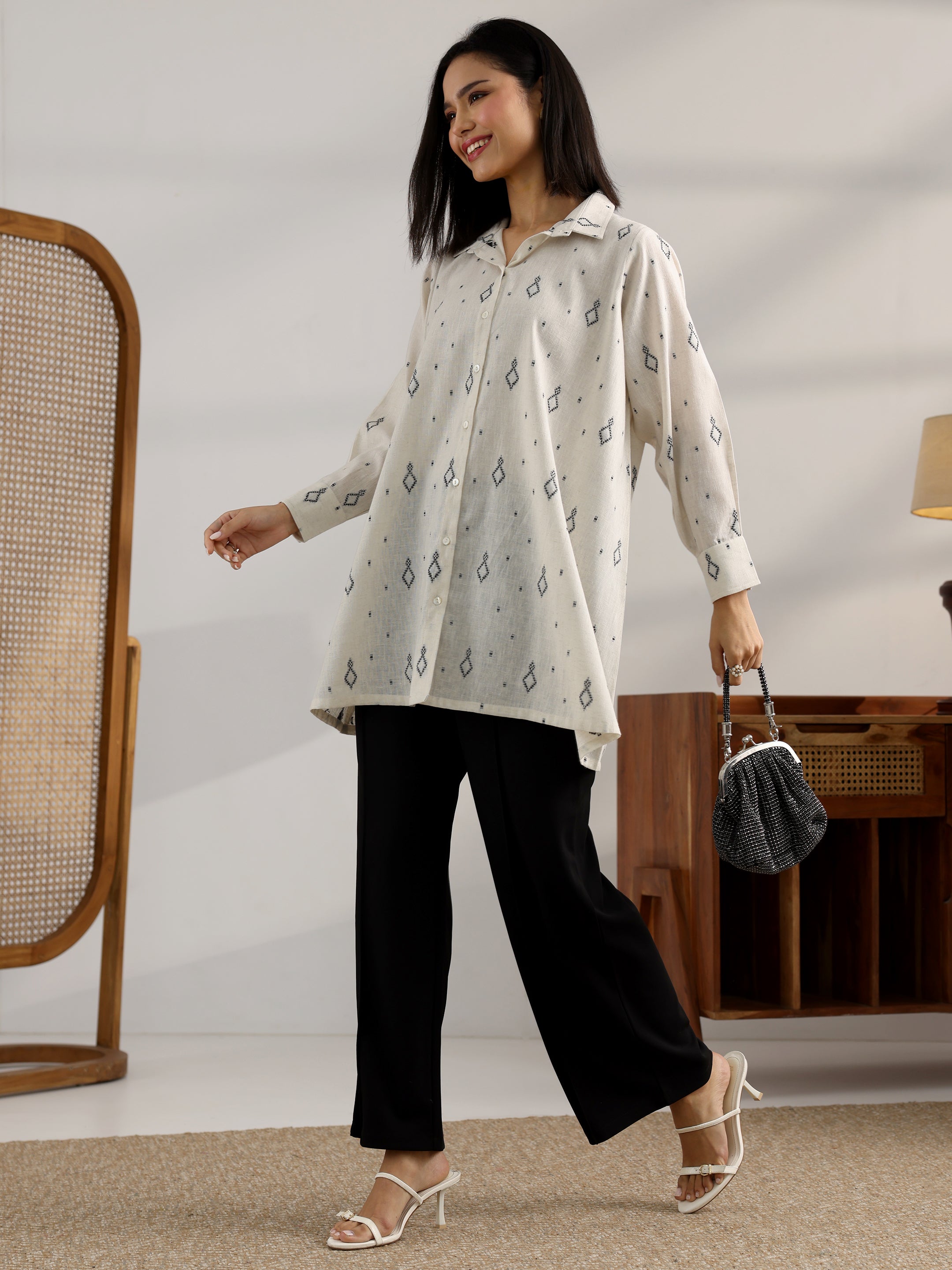 Off White Woven Design Cotton Blend Straight Short Kurti