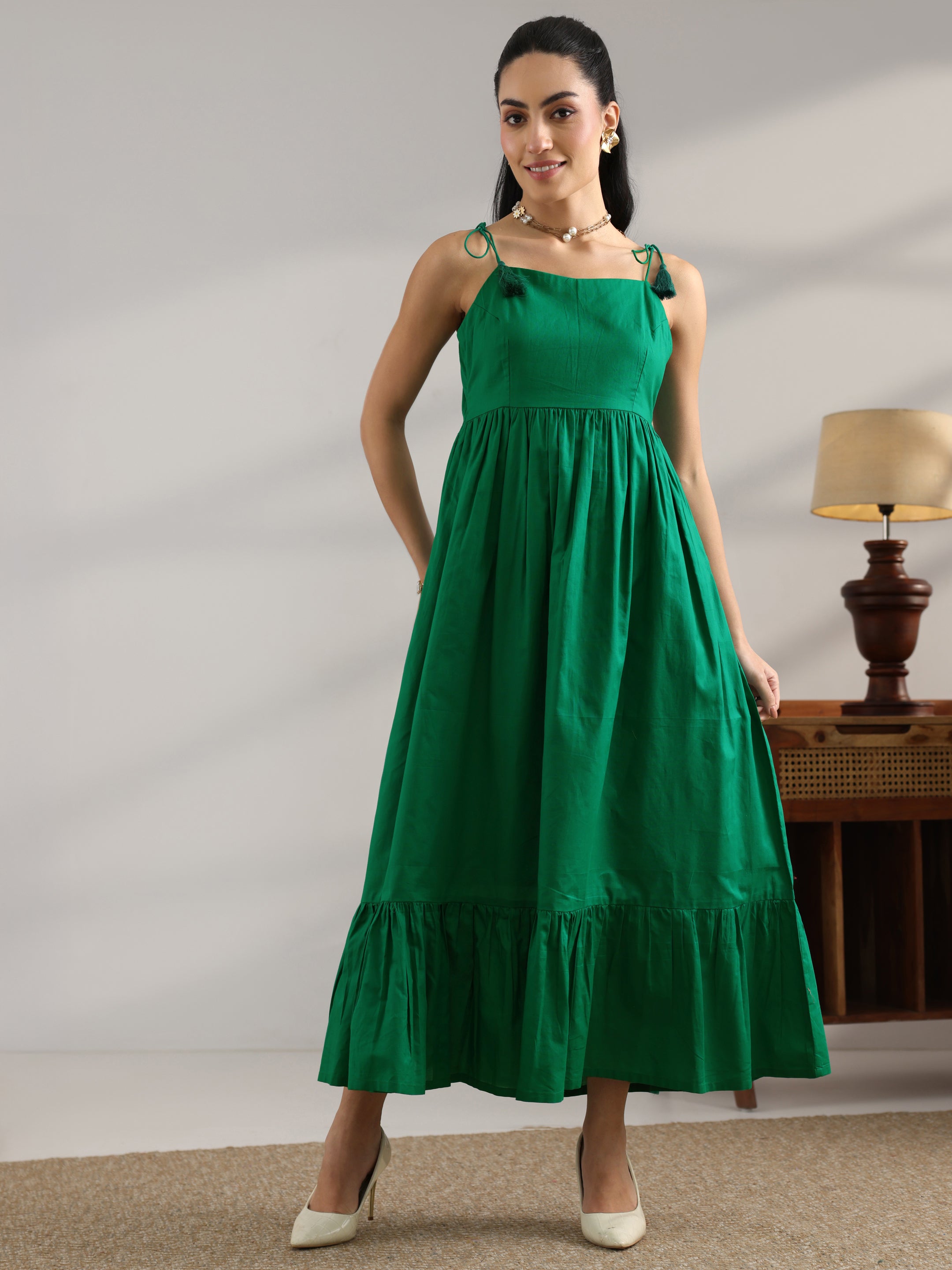 Green Solid Cotton Fit And Flare One Piece Dress