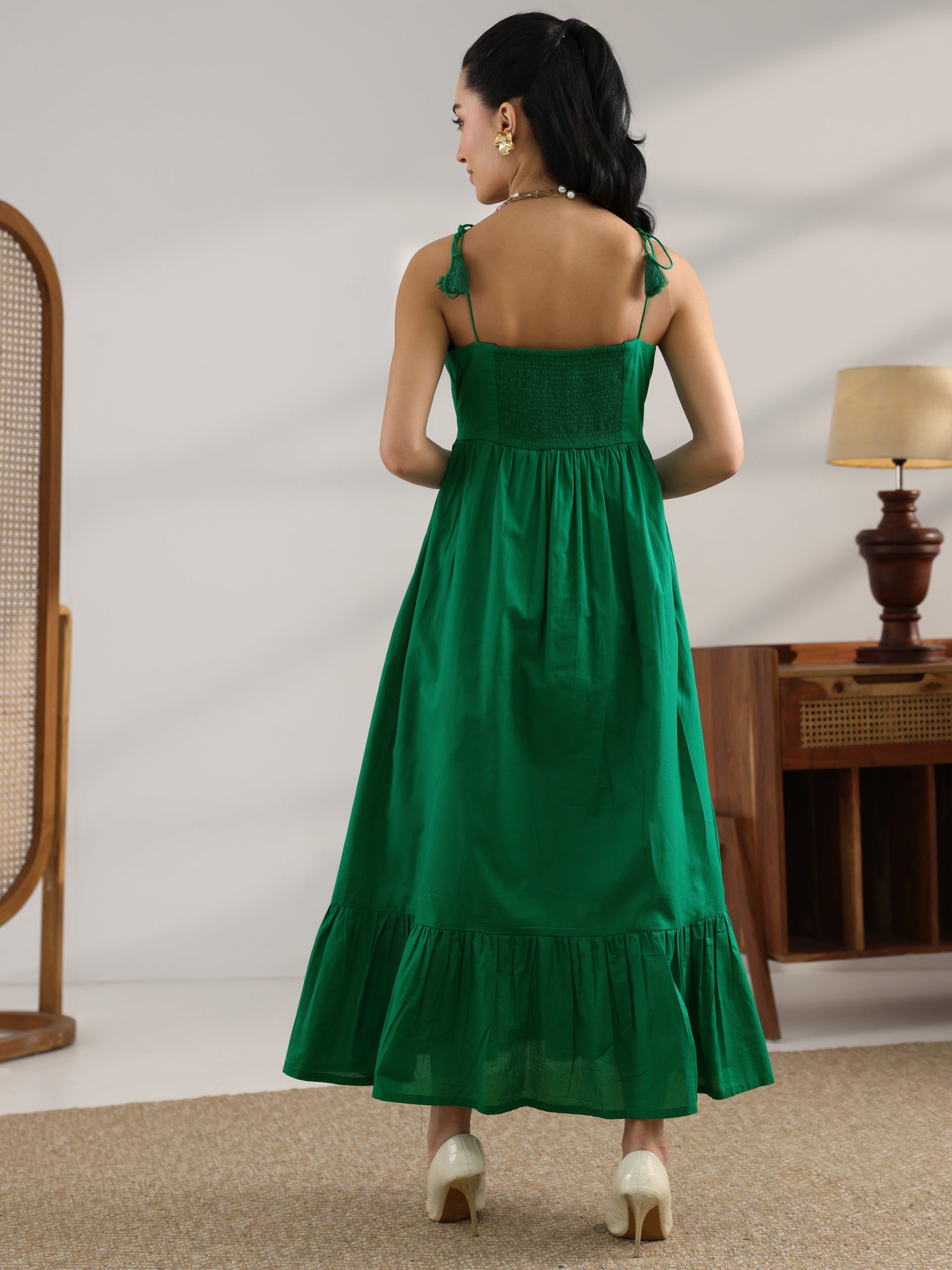 Green Solid Cotton Fit And Flare One Piece Dress