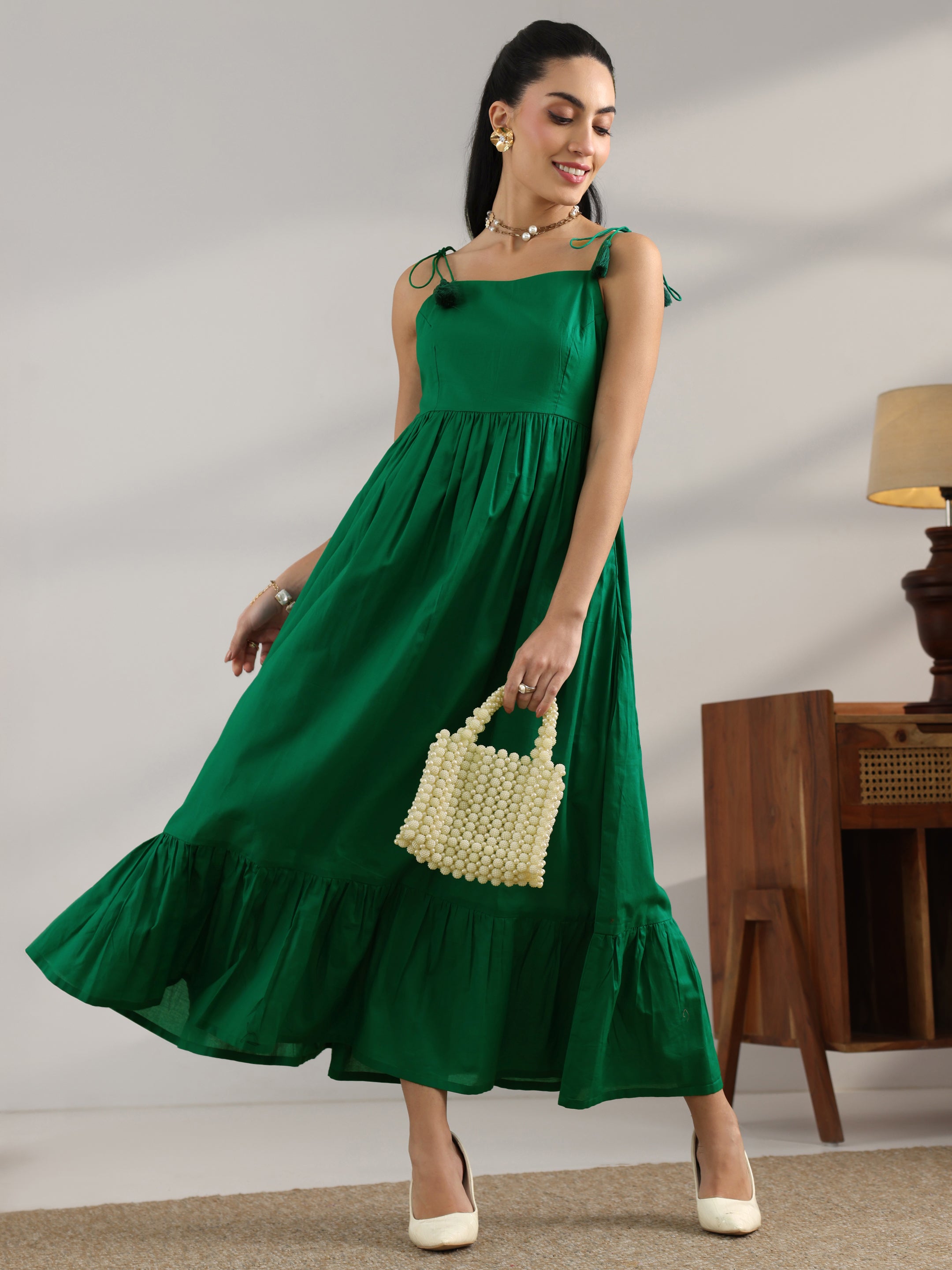 Green Solid Cotton Fit And Flare One Piece Dress