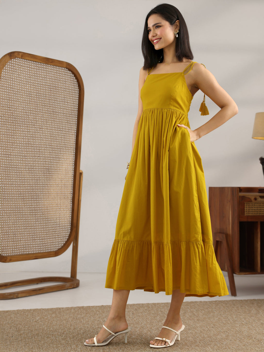 Mustard Solid Cotton Fit And Flare One Piece Dress