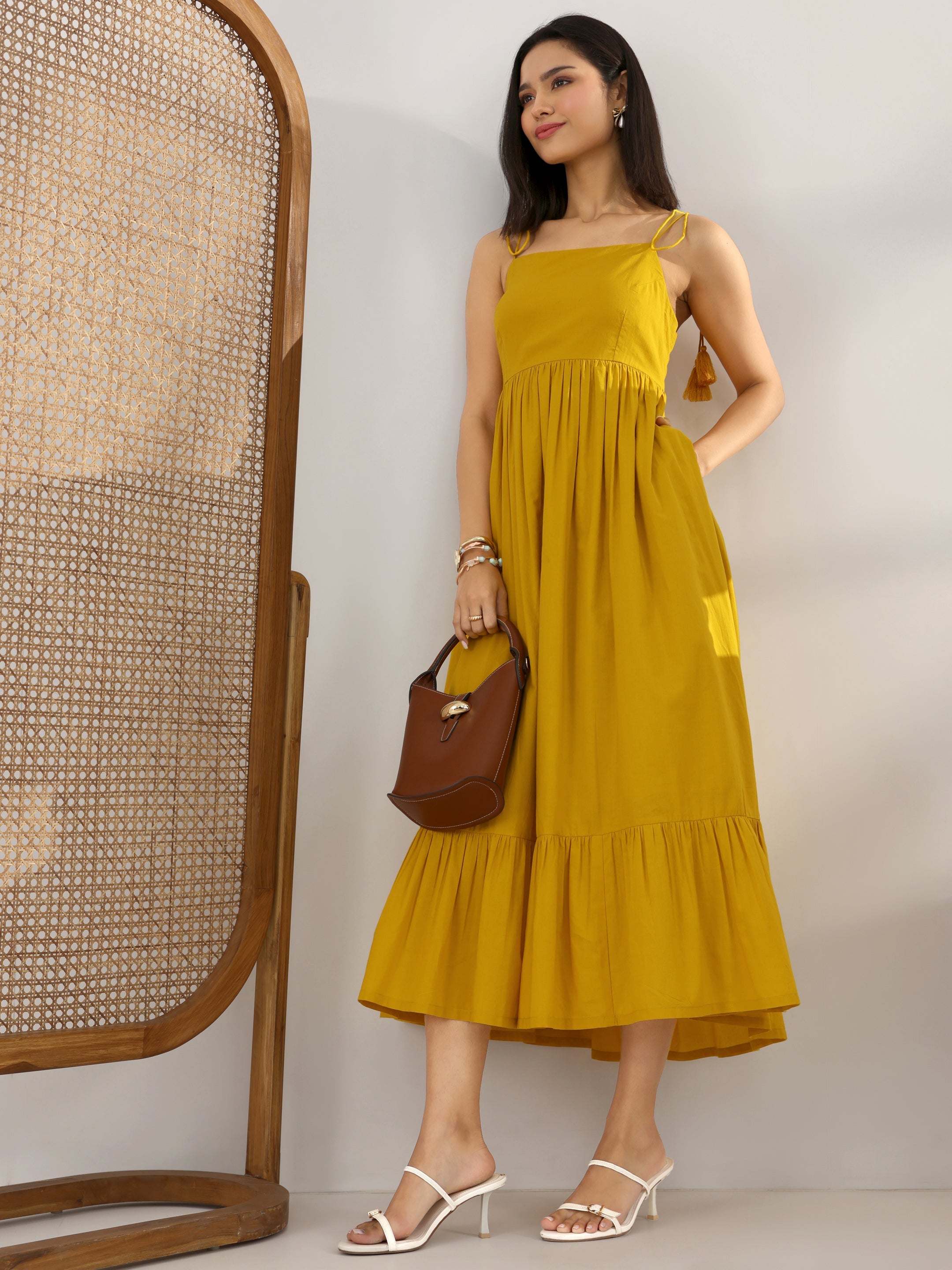 Mustard Solid Cotton Fit And Flare One Piece Dress