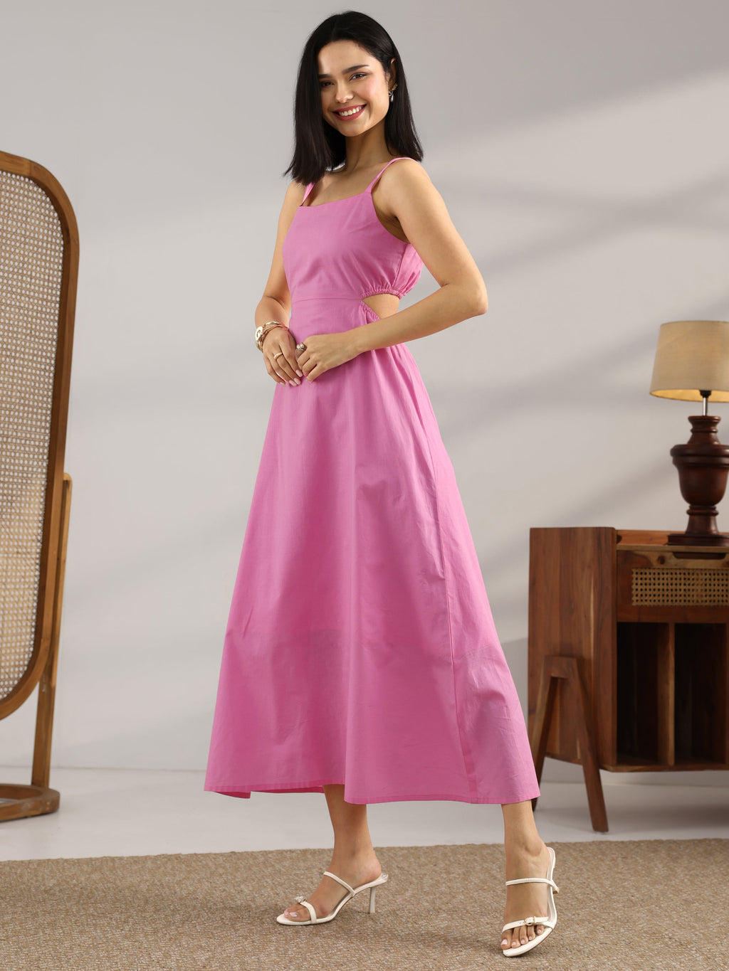 Pink Solid Cotton Cut Out Fit And Flare One Piece Dress