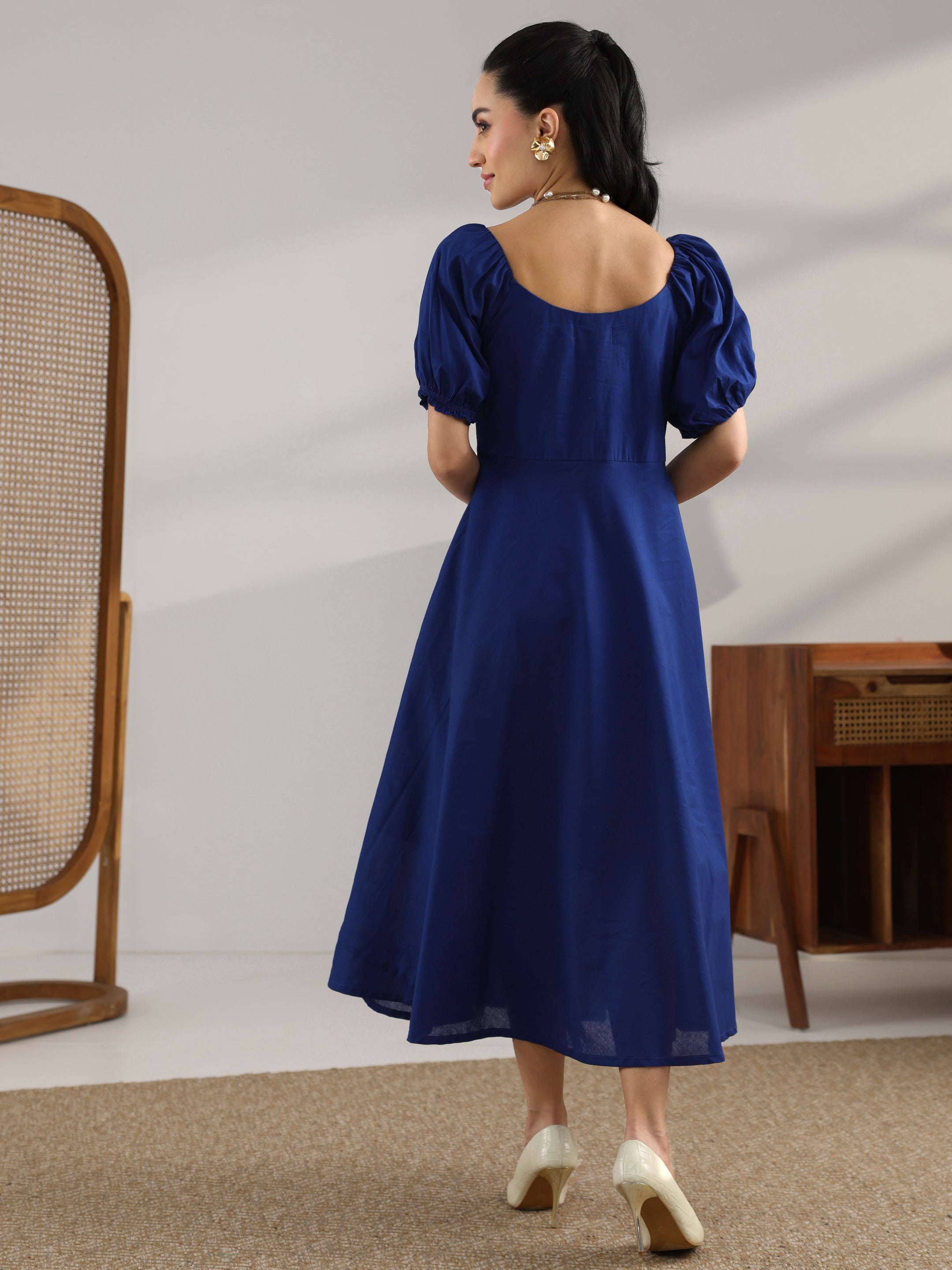 Blue Solid Cotton A-Line One Piece Dress