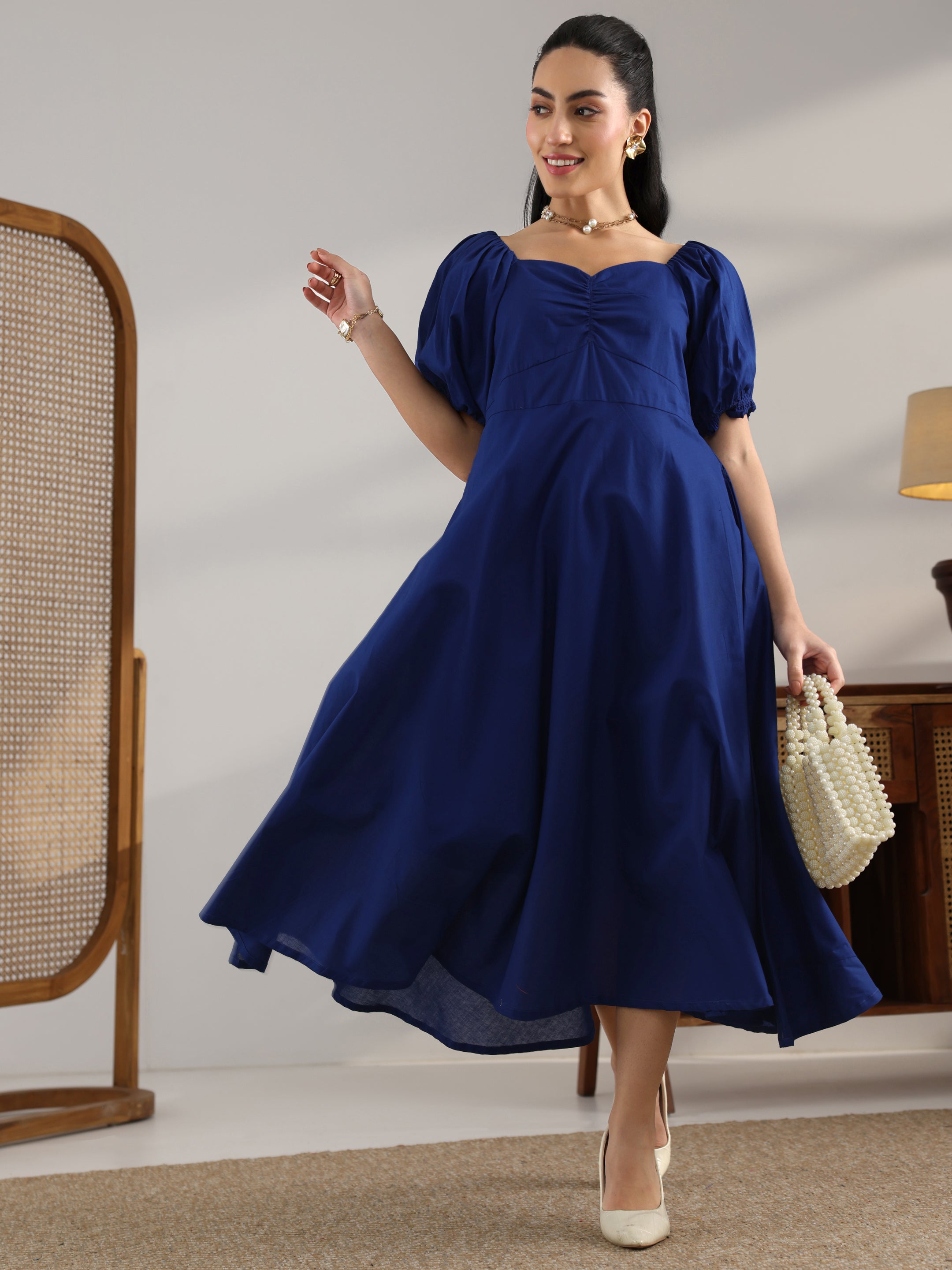 Blue Solid Cotton A-Line One Piece Dress