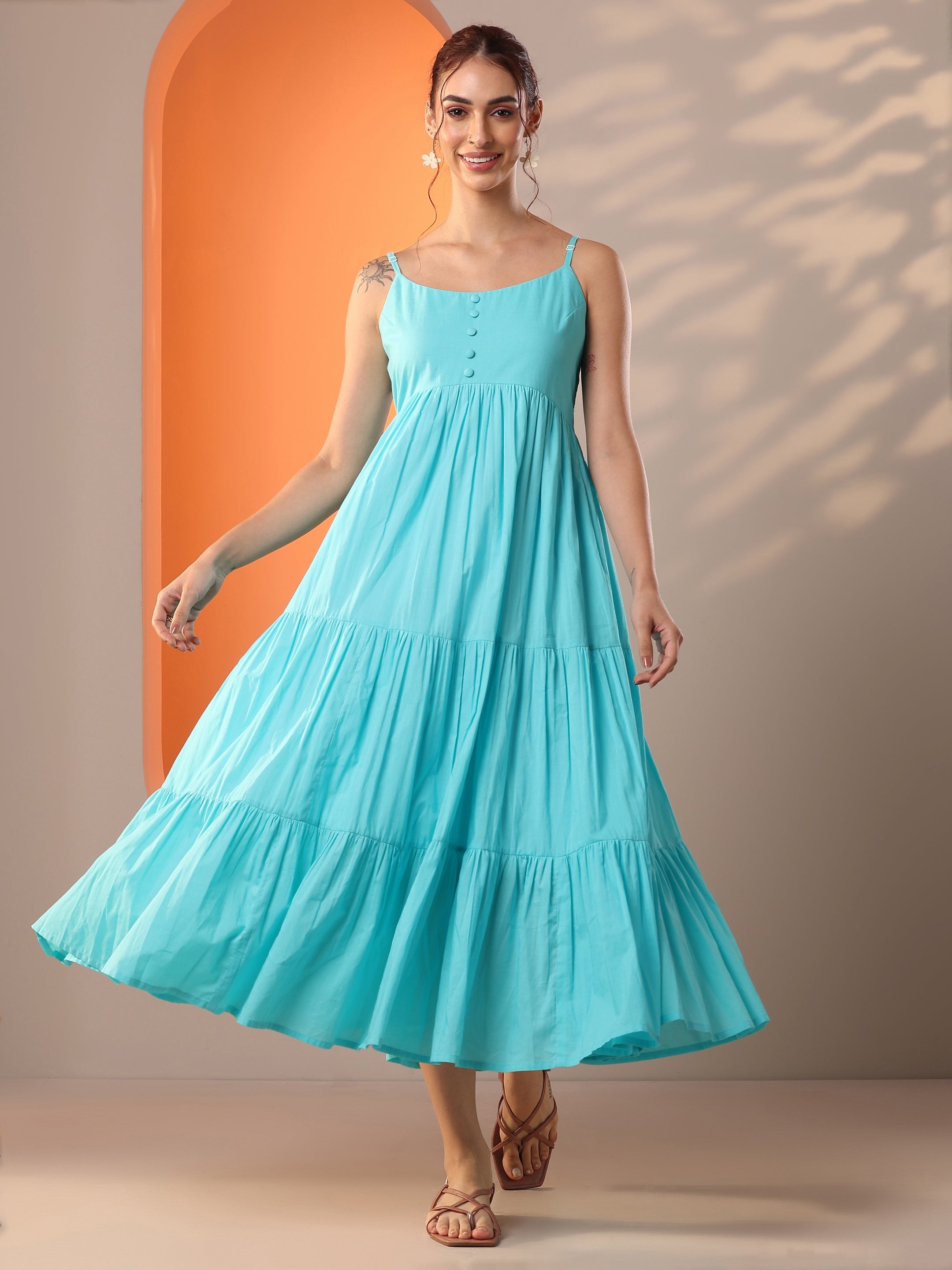 Blue Solid Cotton A-Line One Piece Dress