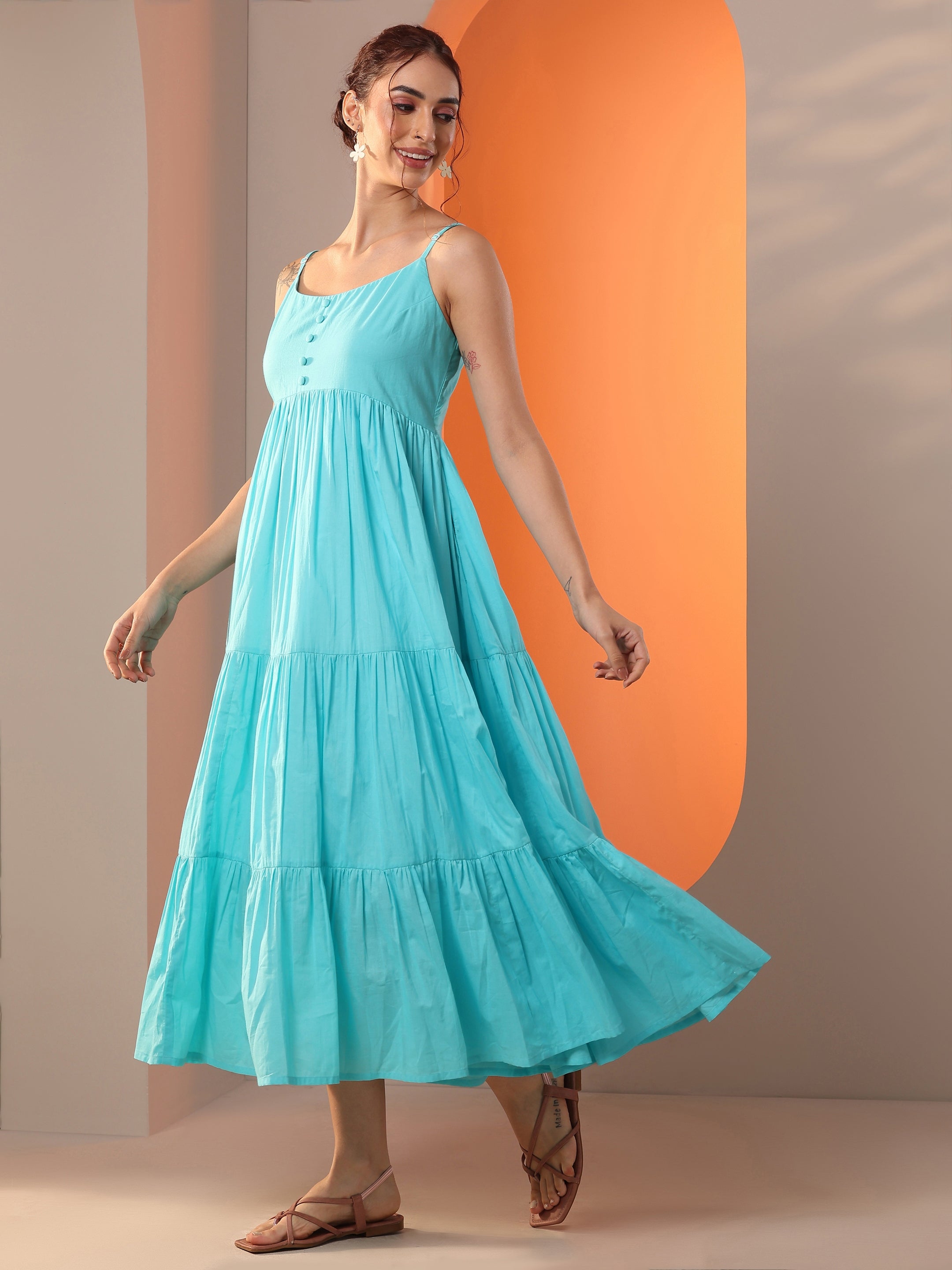 Blue Solid Cotton A-Line One Piece Dress