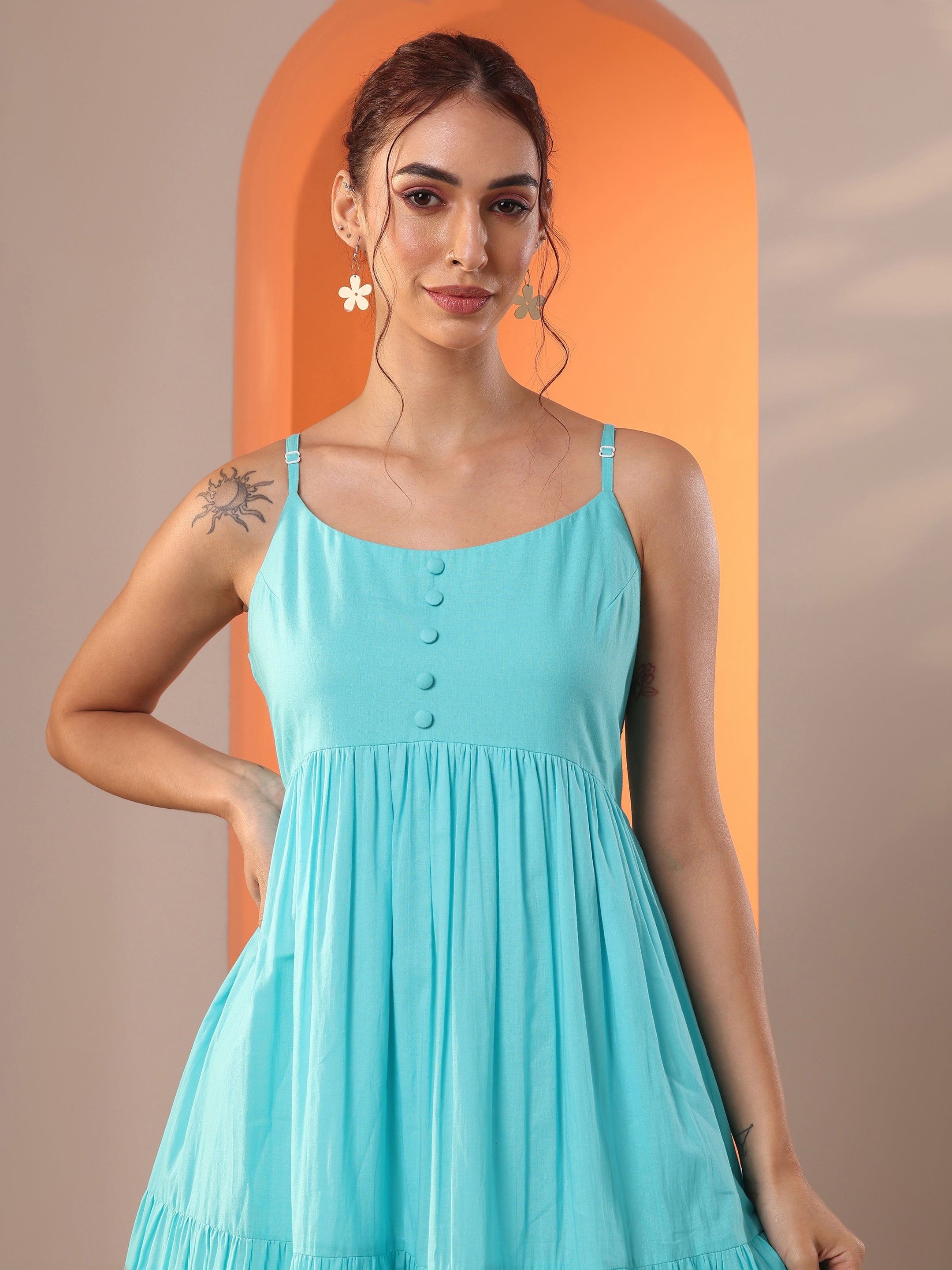 Blue Solid Cotton A-Line One Piece Dress