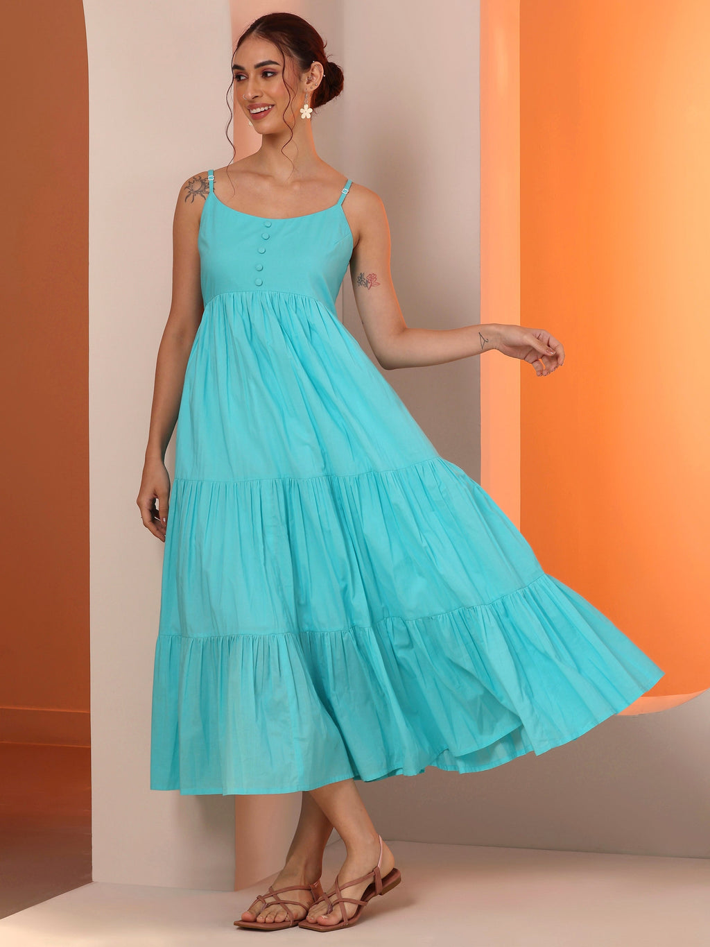 Blue Solid Cotton A-Line One Piece Dress