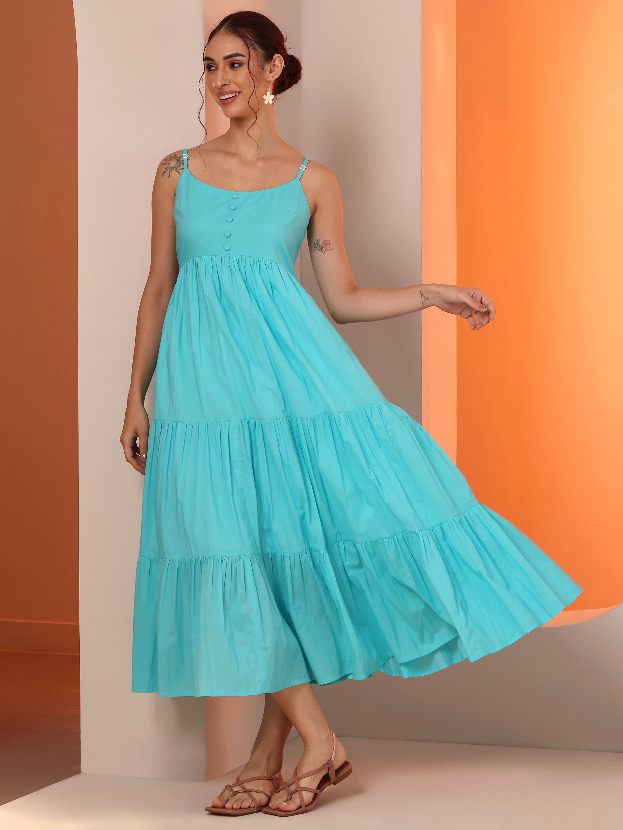 Blue Solid Cotton A-Line One Piece Dress