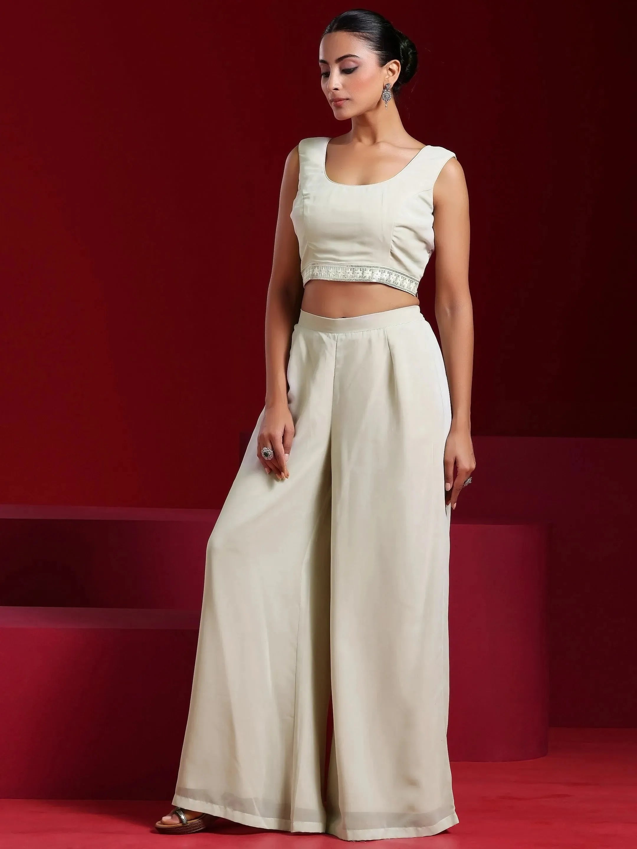 Libas Art Sea Green Solid Georgette 3 Piece Co-Ords