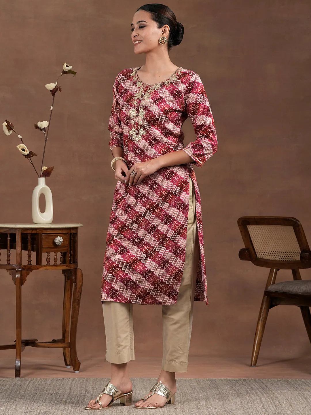 Maroon Printed Rayon Straight Kurta