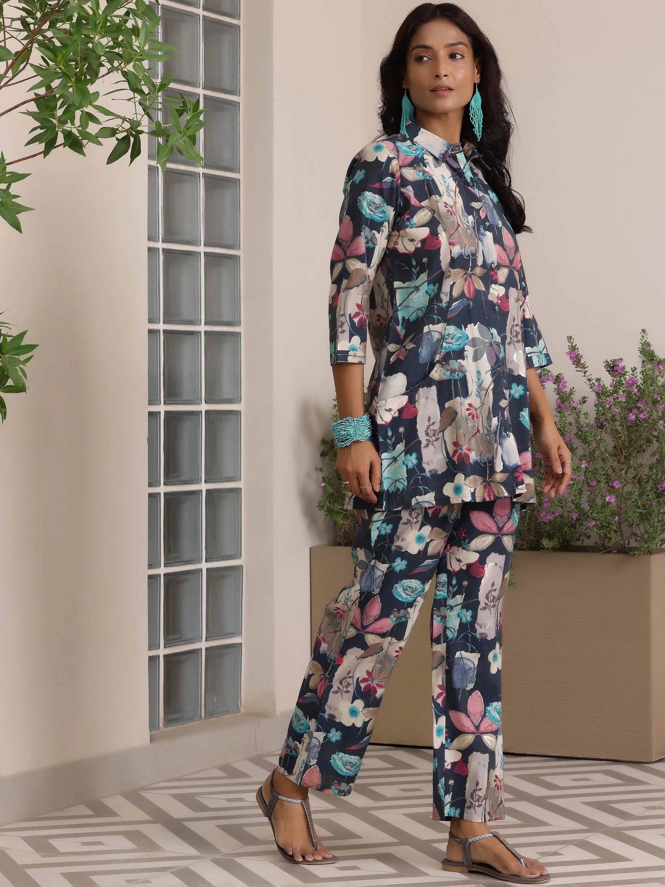 Blue Printed Silk Blend Co-Ords