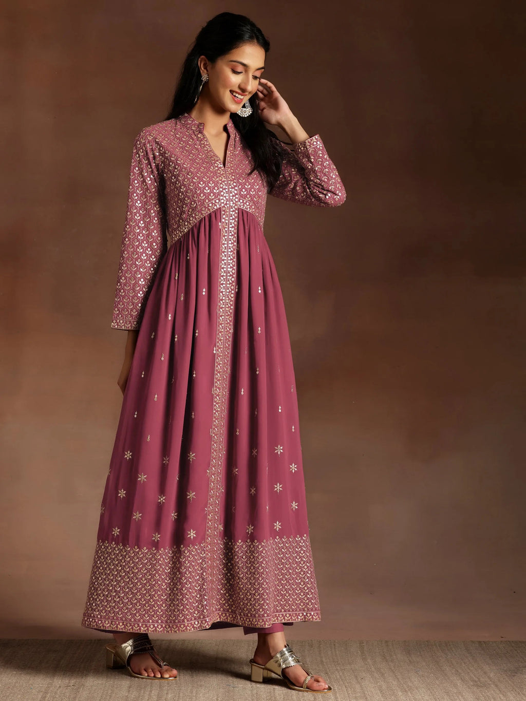 Libas Art Chandni Mauve Embroidered Georgette A-Line Kurta With Trousers & Dupatta