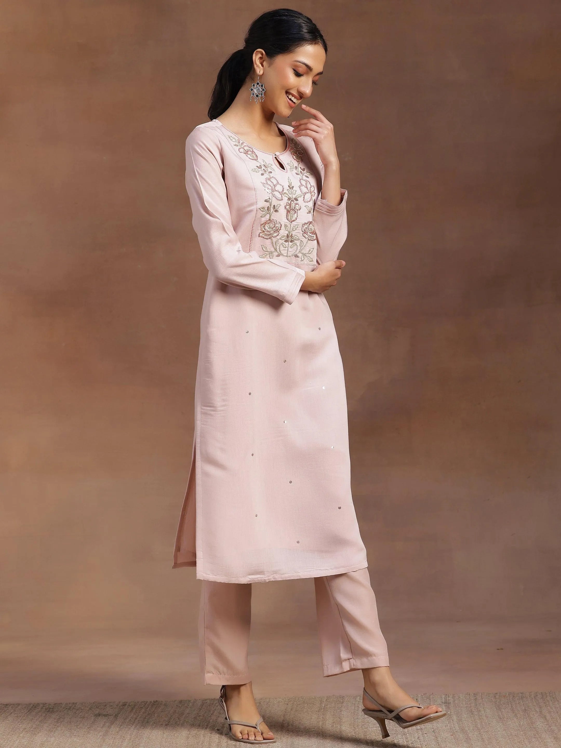 Peach Yoke Design Silk Blend Straight Suit With Dupatta